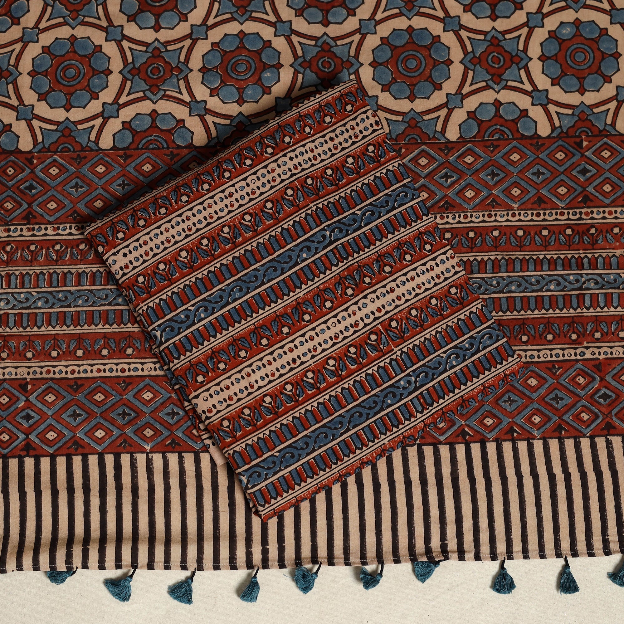 Multicolor 3pc Block Print Natural Dyed Ajrakh Dress Material