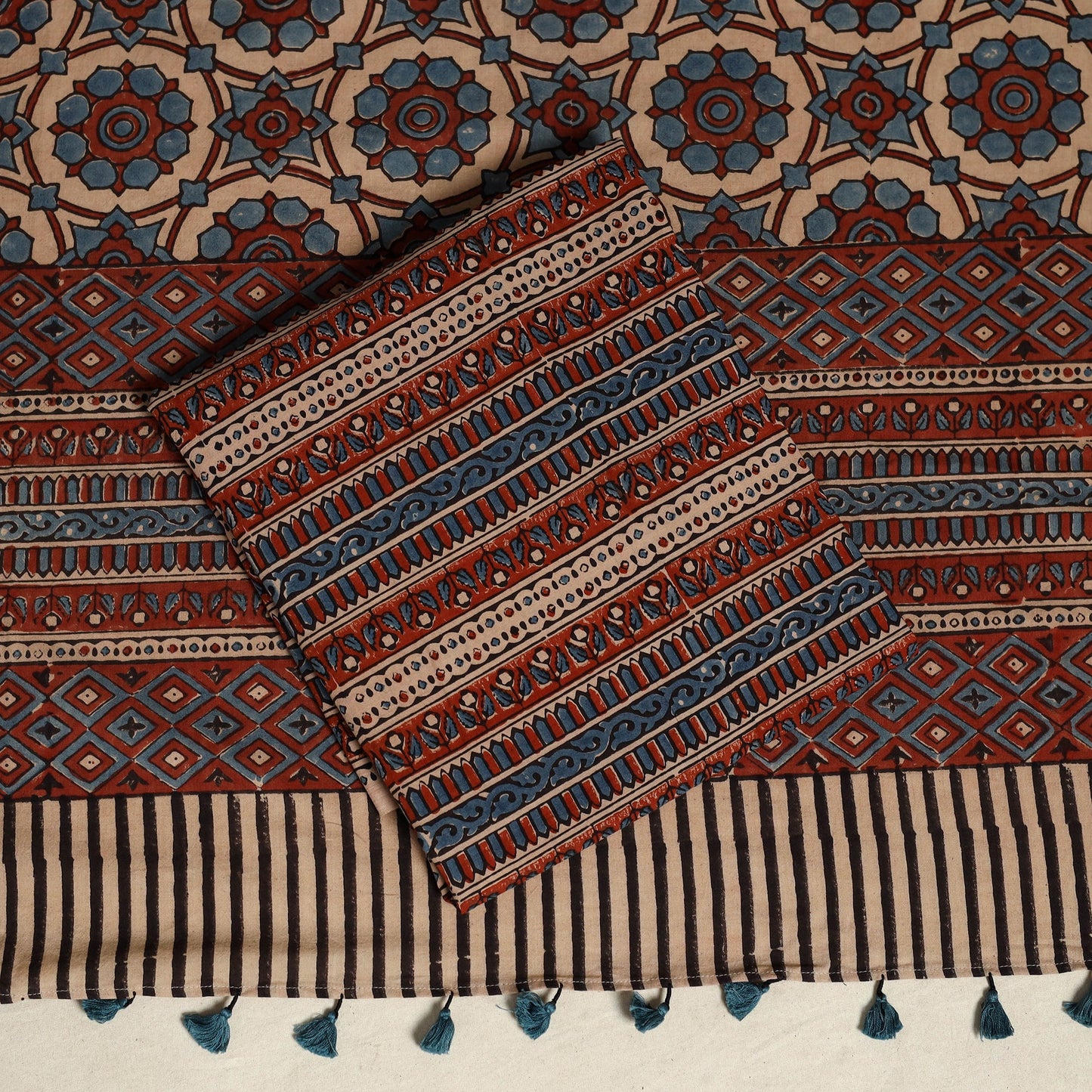 Multicolor 3pc Block Print Natural Dyed Ajrakh Dress Material