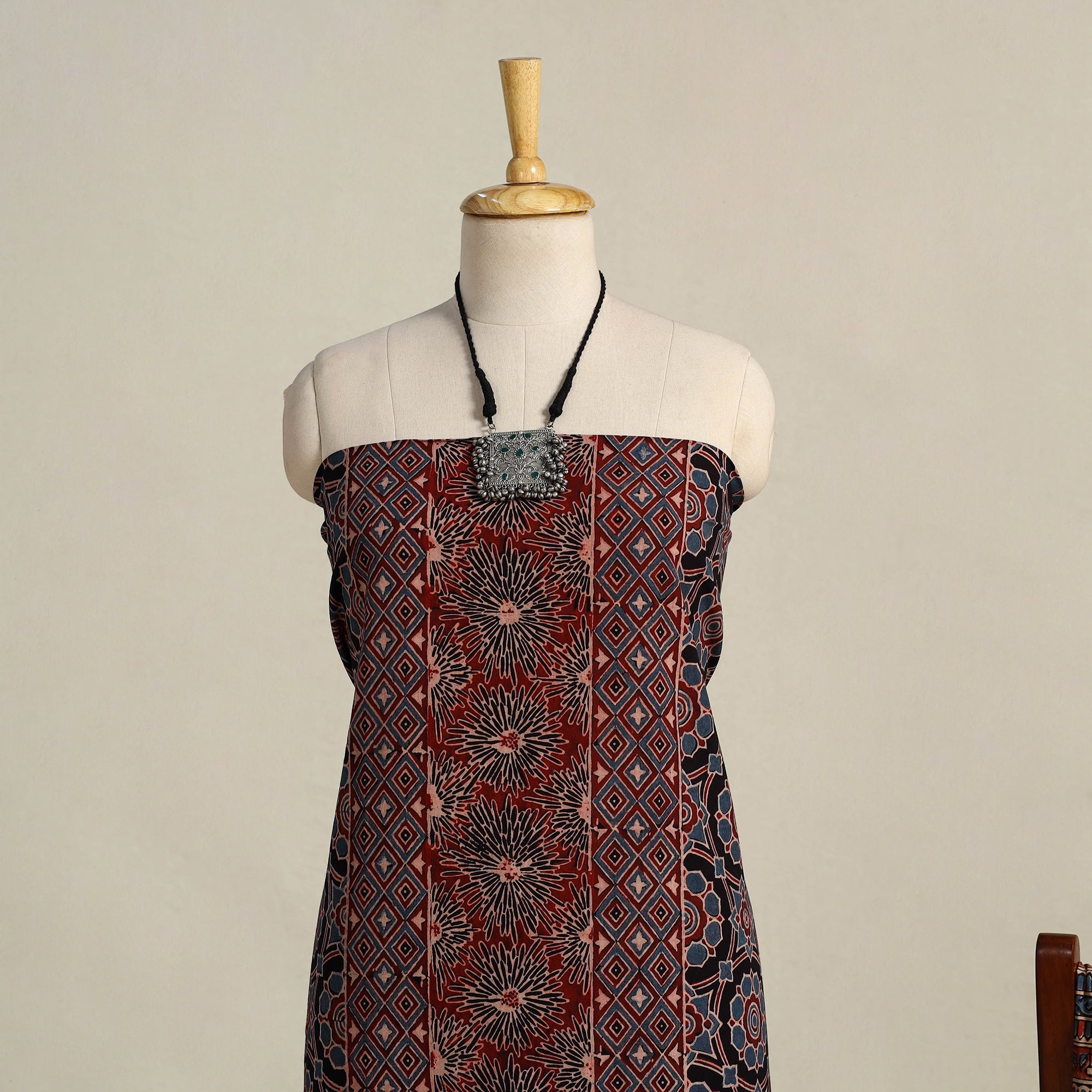 Multicolor 3pc Block Print Natural Dyed Ajrakh Dress Material