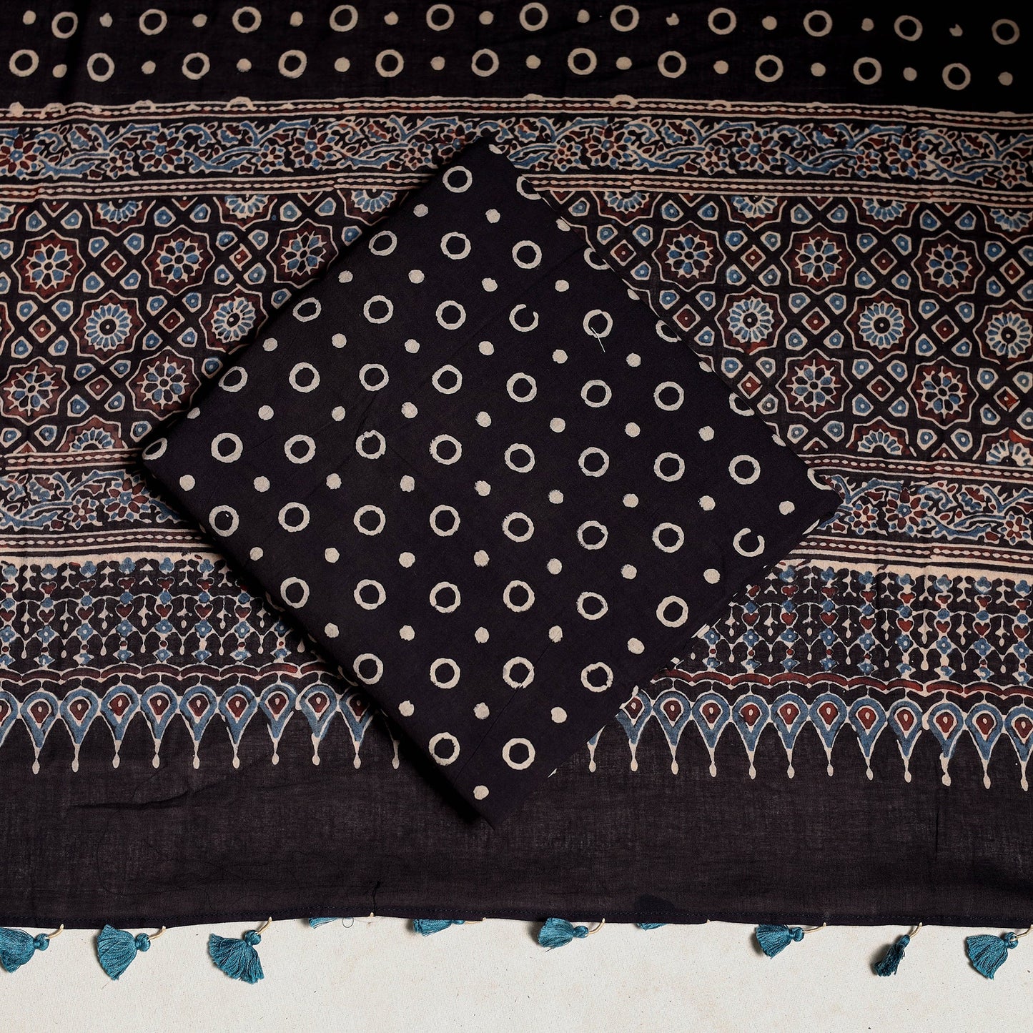 Multicolor 3pc Block Print Natural Dyed Ajrakh Dress Material