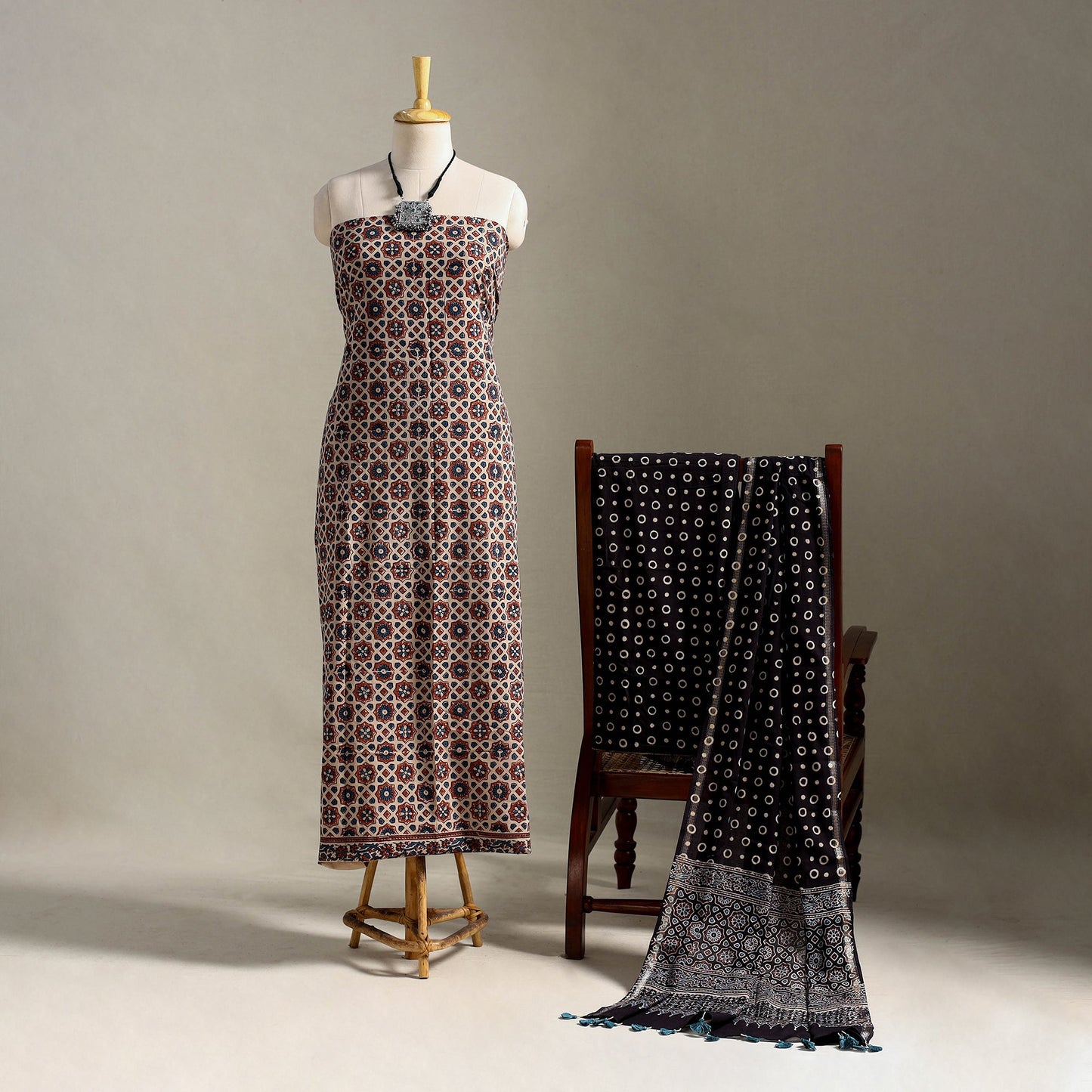 Multicolor 3pc Block Print Natural Dyed Ajrakh Dress Material