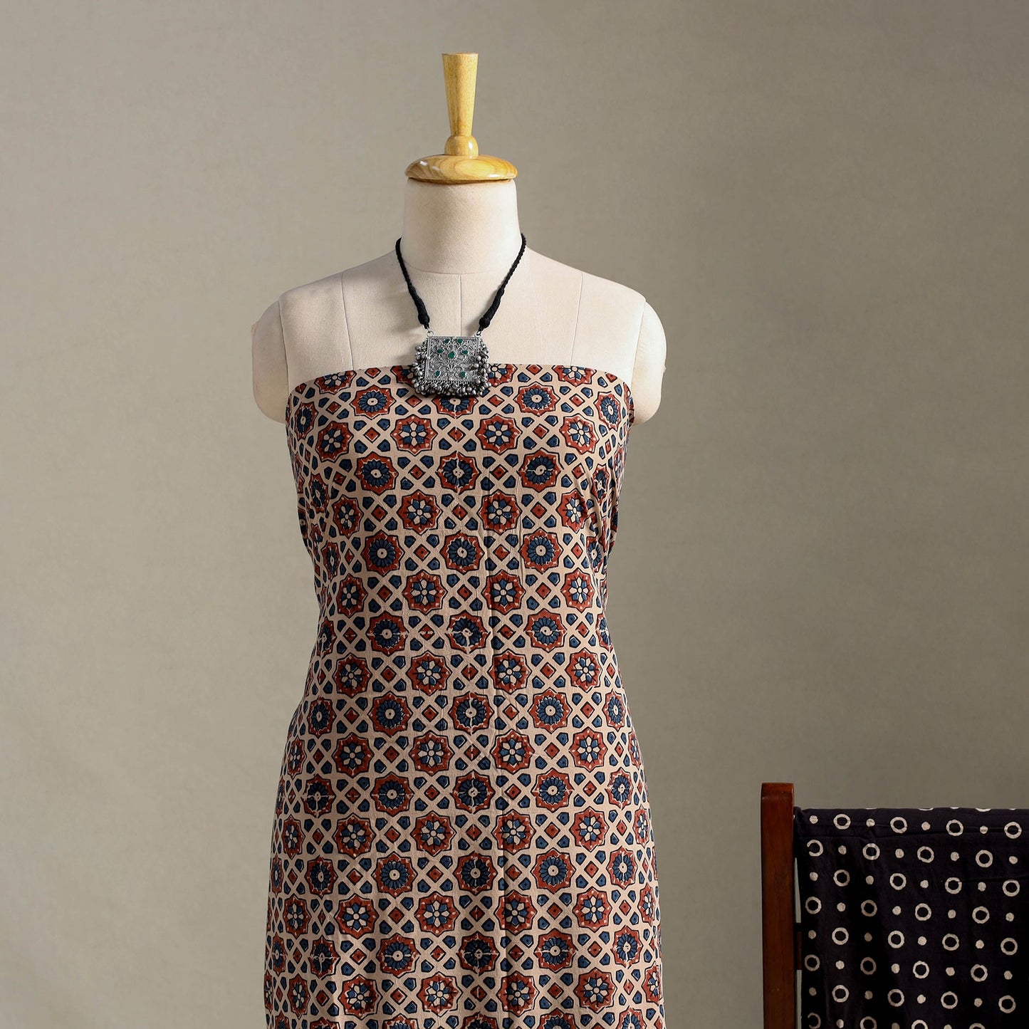 Multicolor 3pc Block Print Natural Dyed Ajrakh Dress Material