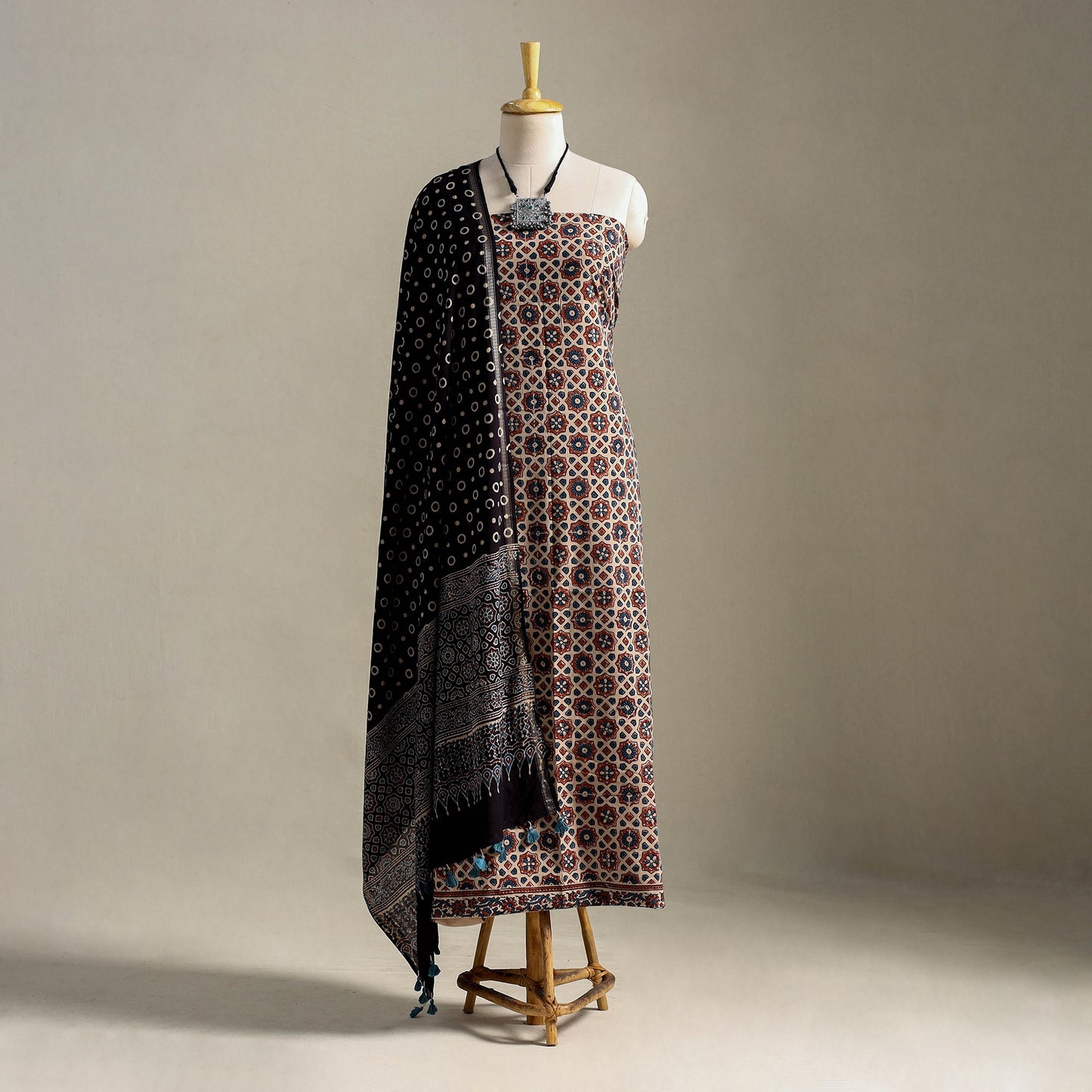 Multicolor 3pc Block Print Natural Dyed Ajrakh Dress Material