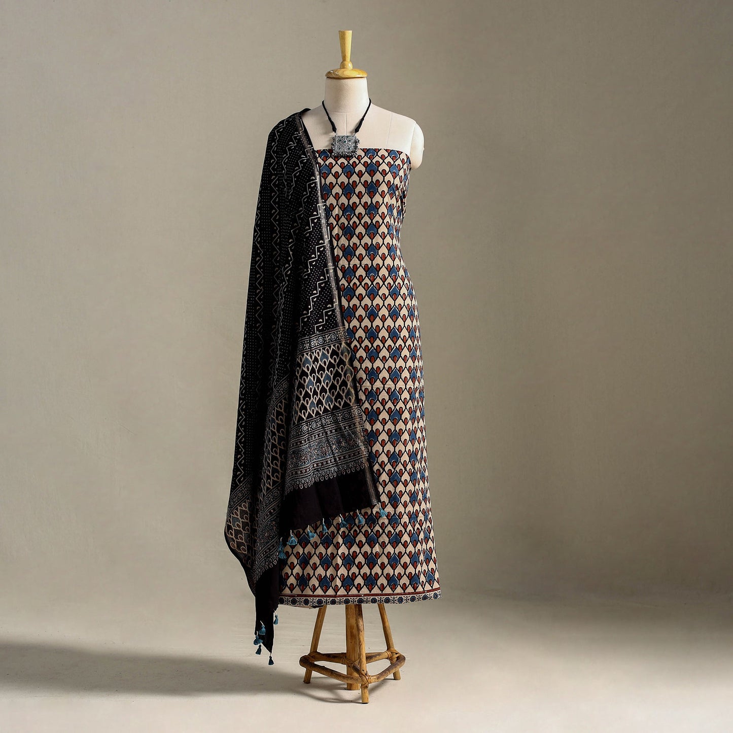 Multicolor 3pc Block Print Natural Dyed Ajrakh Dress Material