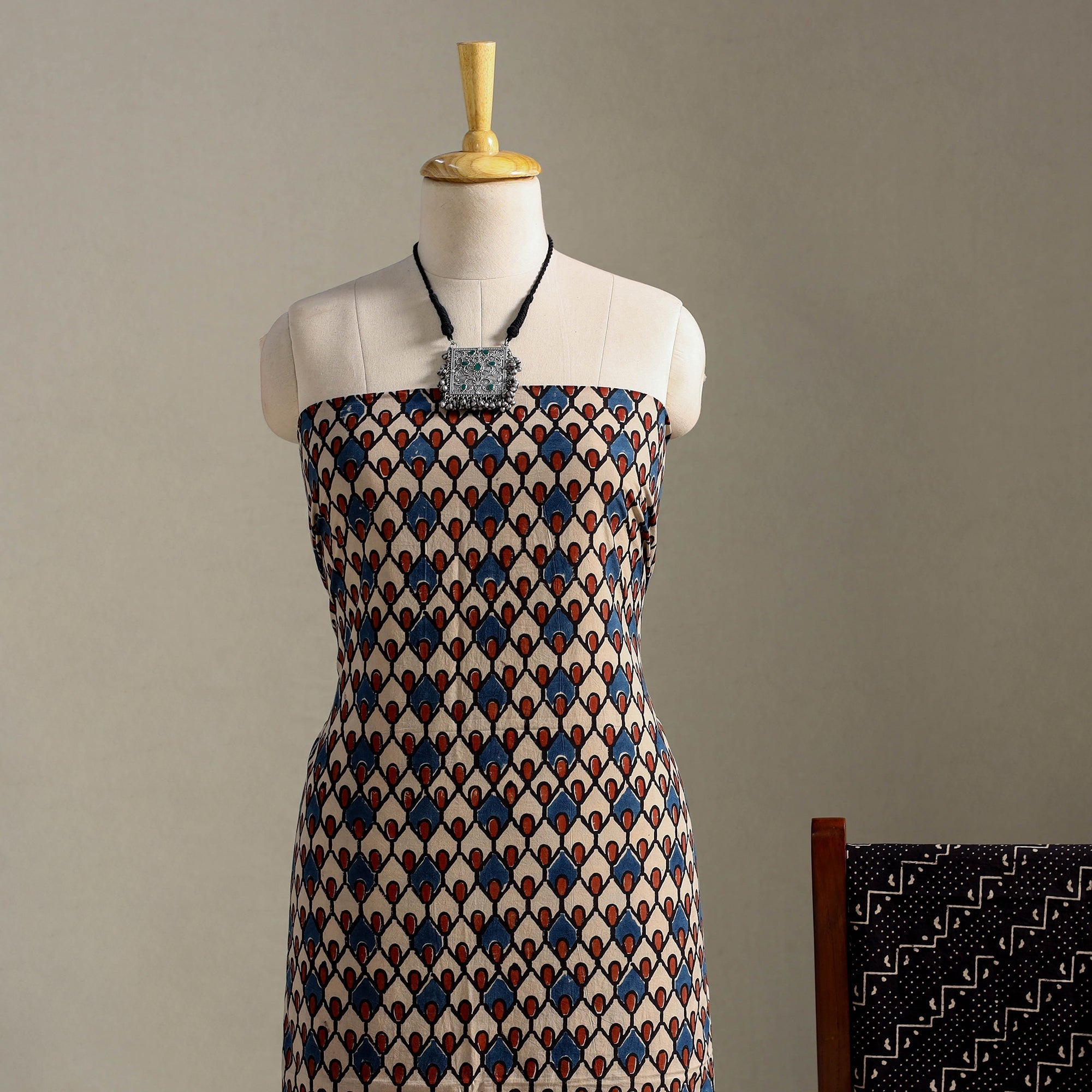 Multicolor 3pc Block Print Natural Dyed Ajrakh Dress Material