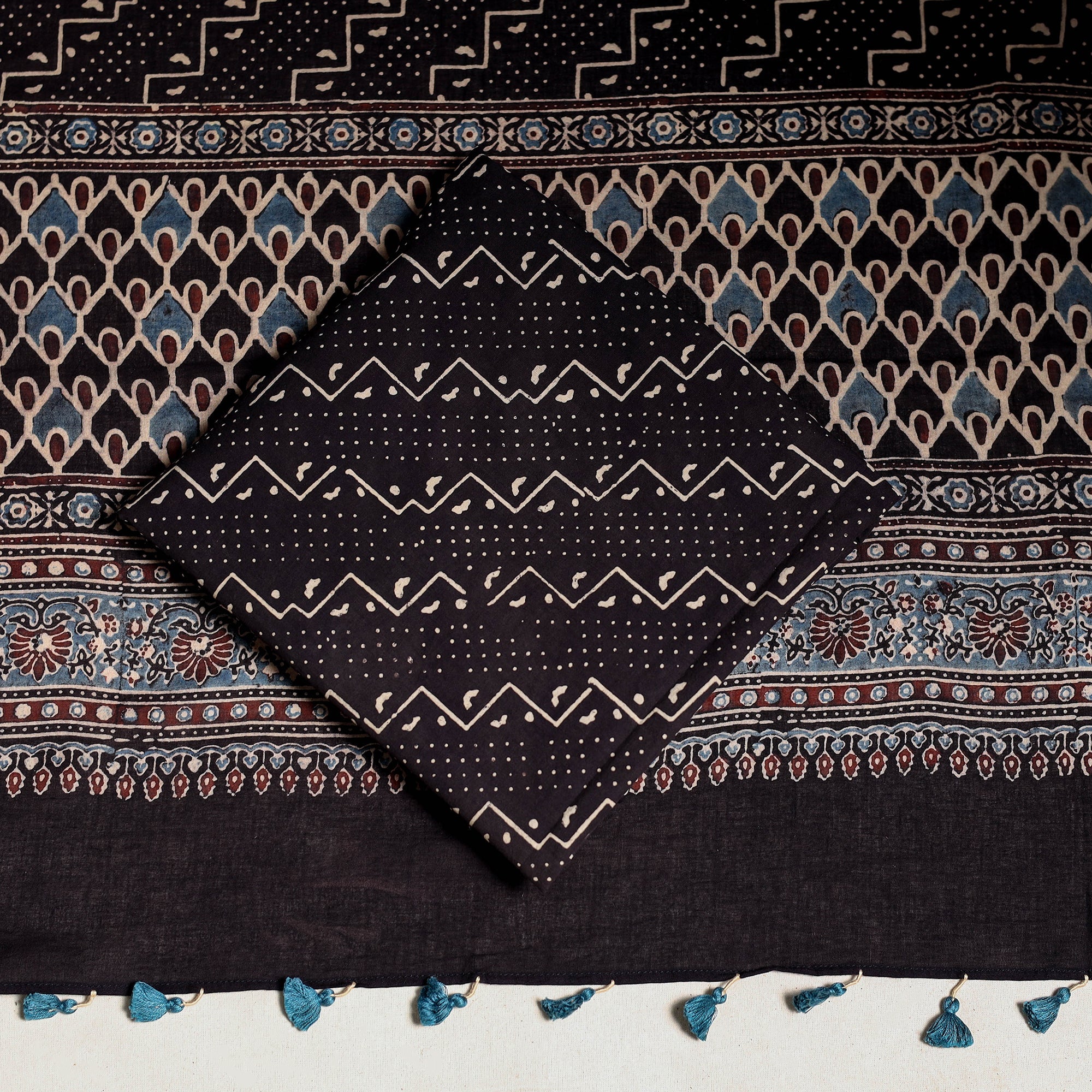 Multicolor 3pc Block Print Natural Dyed Ajrakh Dress Material