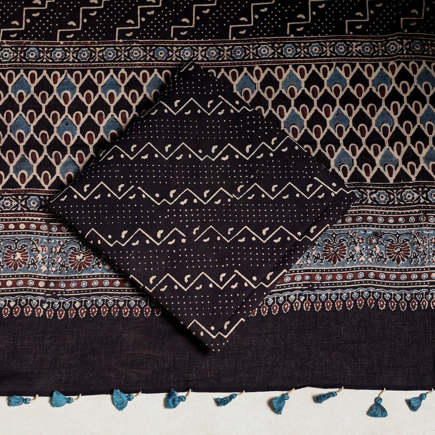 Multicolor 3pc Block Print Natural Dyed Ajrakh Dress Material