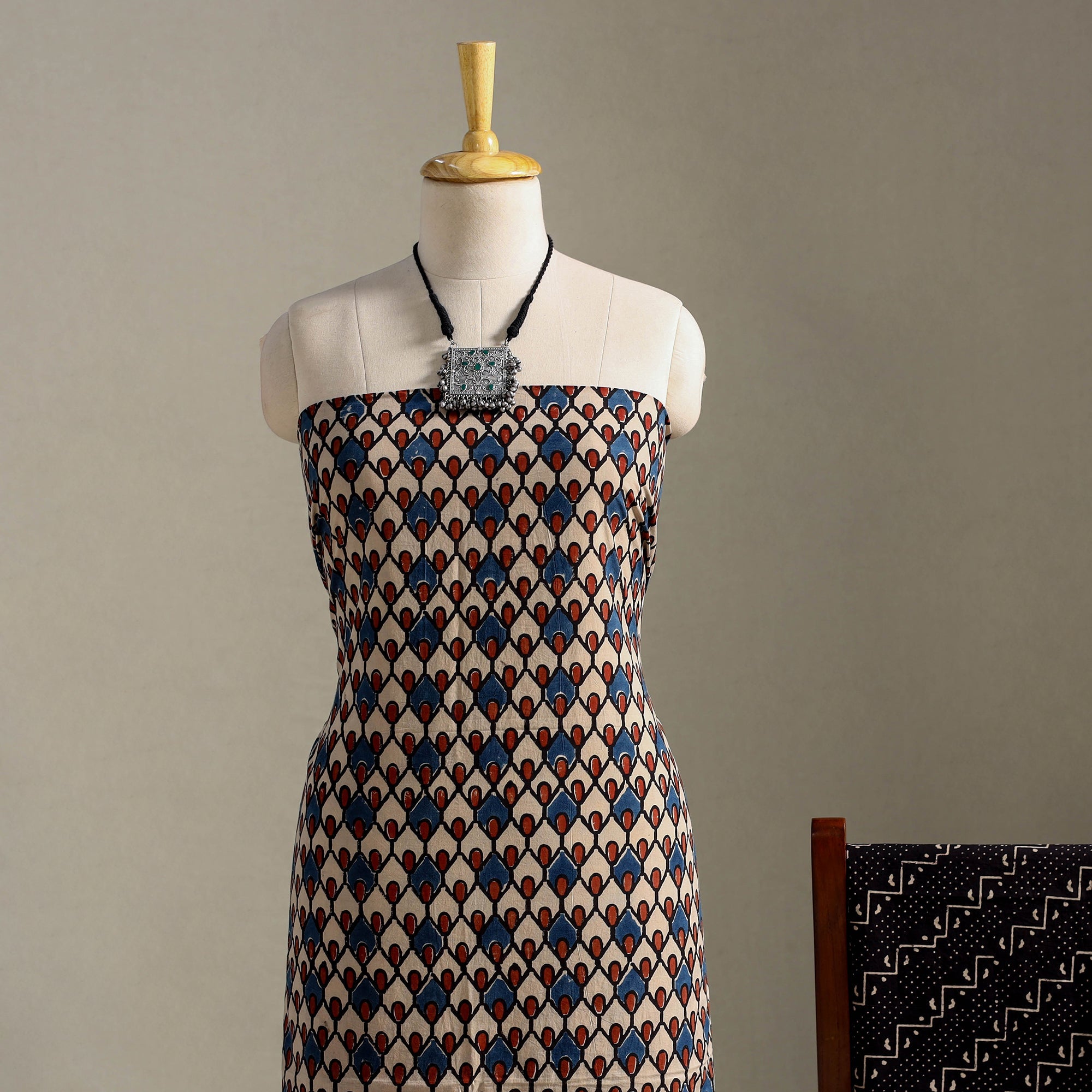 Multicolor 3pc Block Print Natural Dyed Ajrakh Dress Material