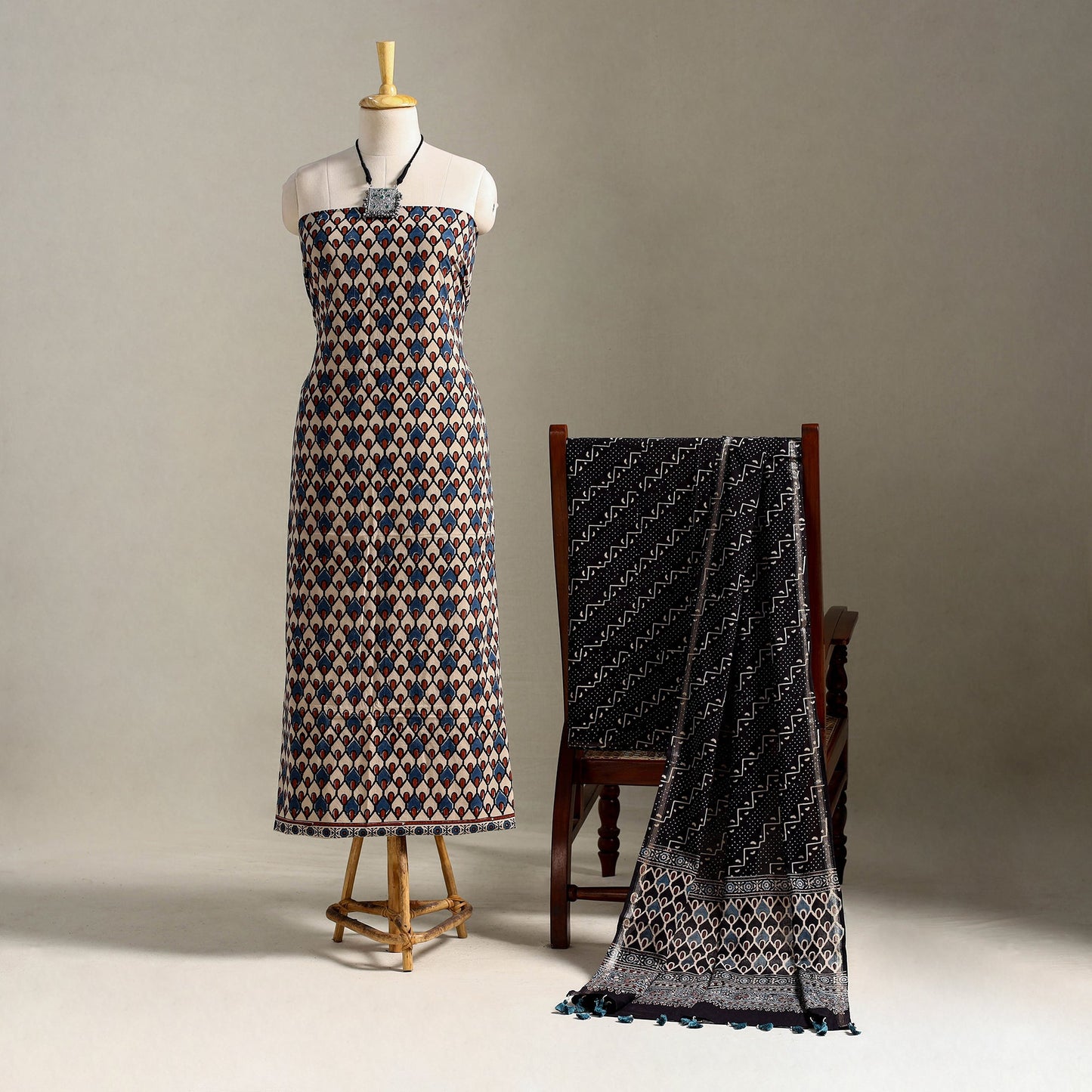 Multicolor 3pc Block Print Natural Dyed Ajrakh Dress Material