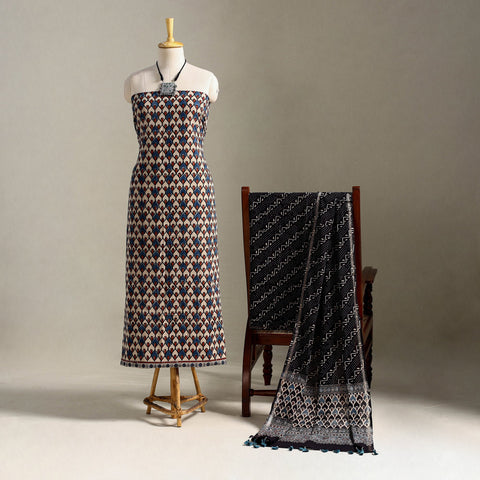 Multicolor 3pc Block Print Natural Dyed Ajrakh Dress Material