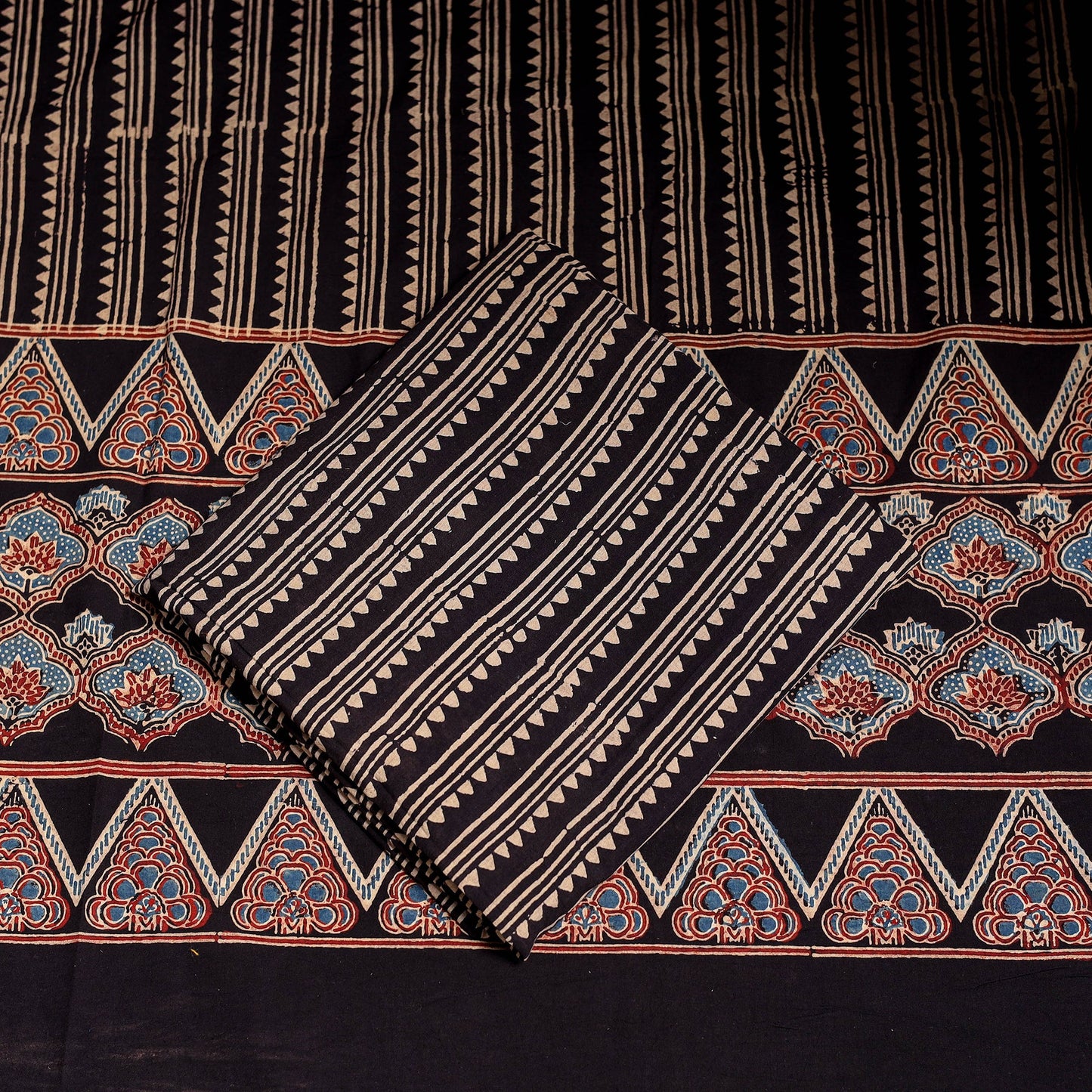 Multicolor 3pc Block Print Natural Dyed Ajrakh Dress Material