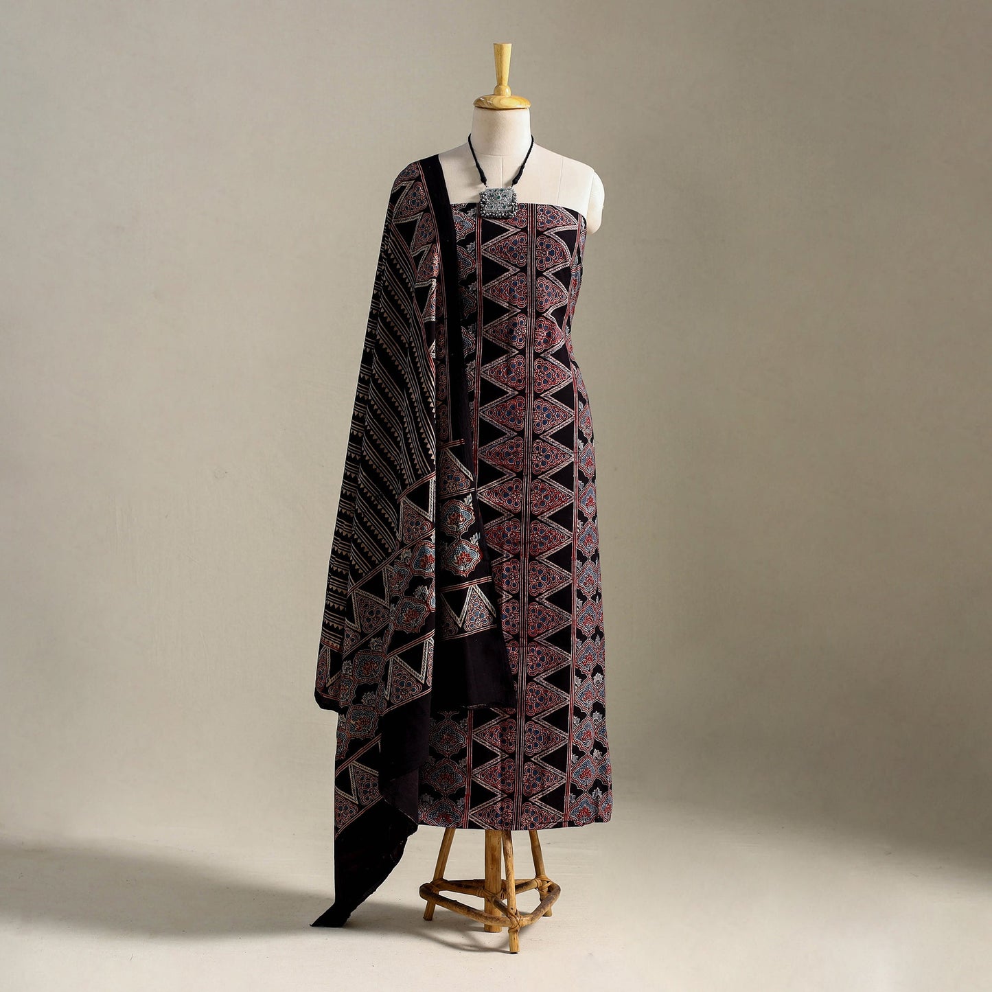 Multicolor 3pc Block Print Natural Dyed Ajrakh Dress Material