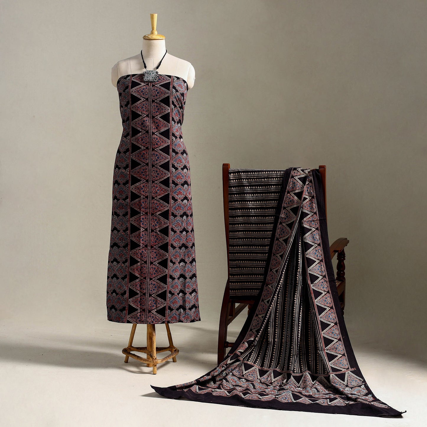 Multicolor 3pc Block Print Natural Dyed Ajrakh Dress Material