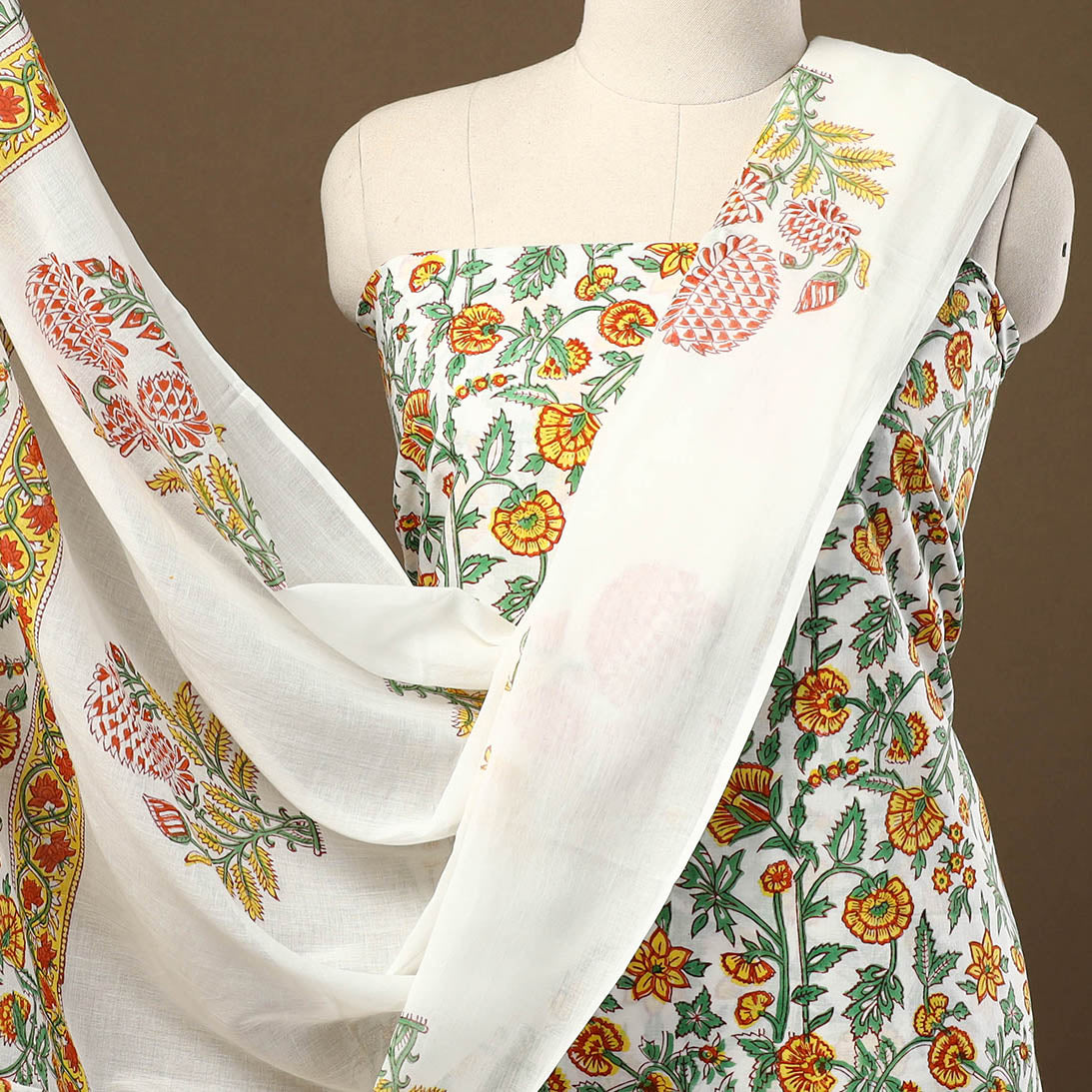 Buy Multicolor 3pc Sanganeri Block Print Cotton Dress Material