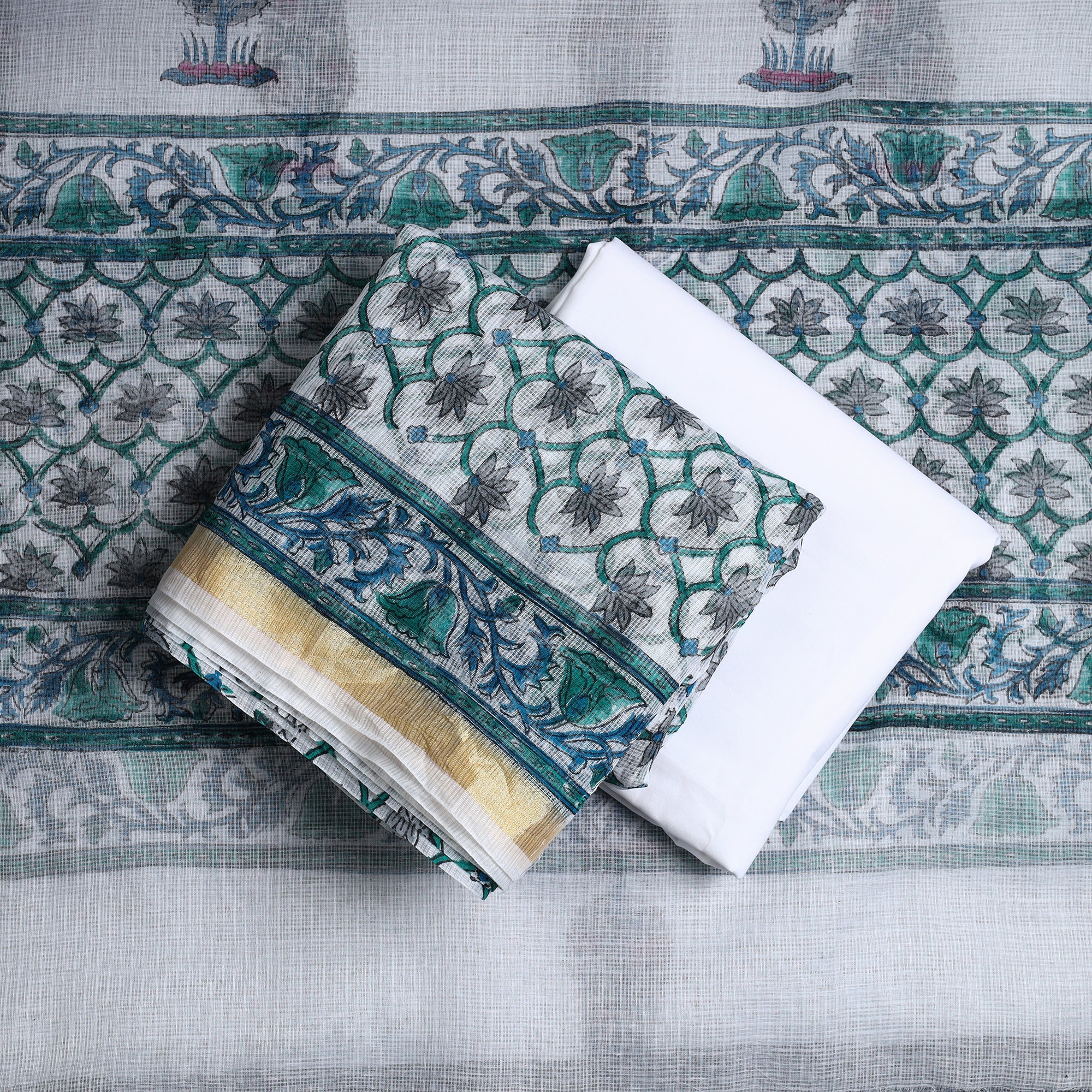 Buy 3pc Sanganeri Block Printed Kota Doria Cotton Suit Material Set 04 Online at iTokri.com