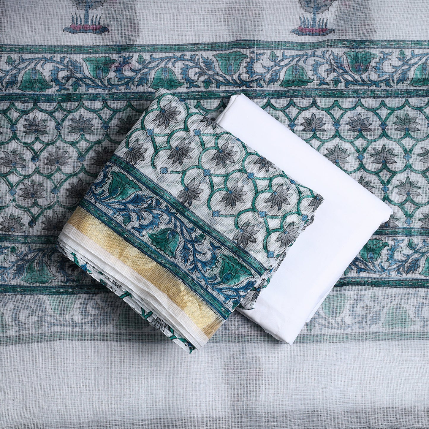 Buy 3pc Sanganeri Block Printed Kota Doria Cotton Suit Material Set 04 Online at iTokri.com