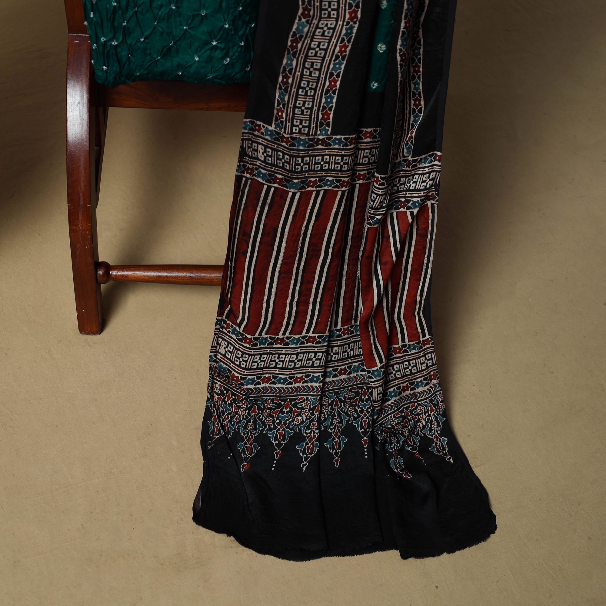 Ajrakh hand block print with bandhani modal silk natural