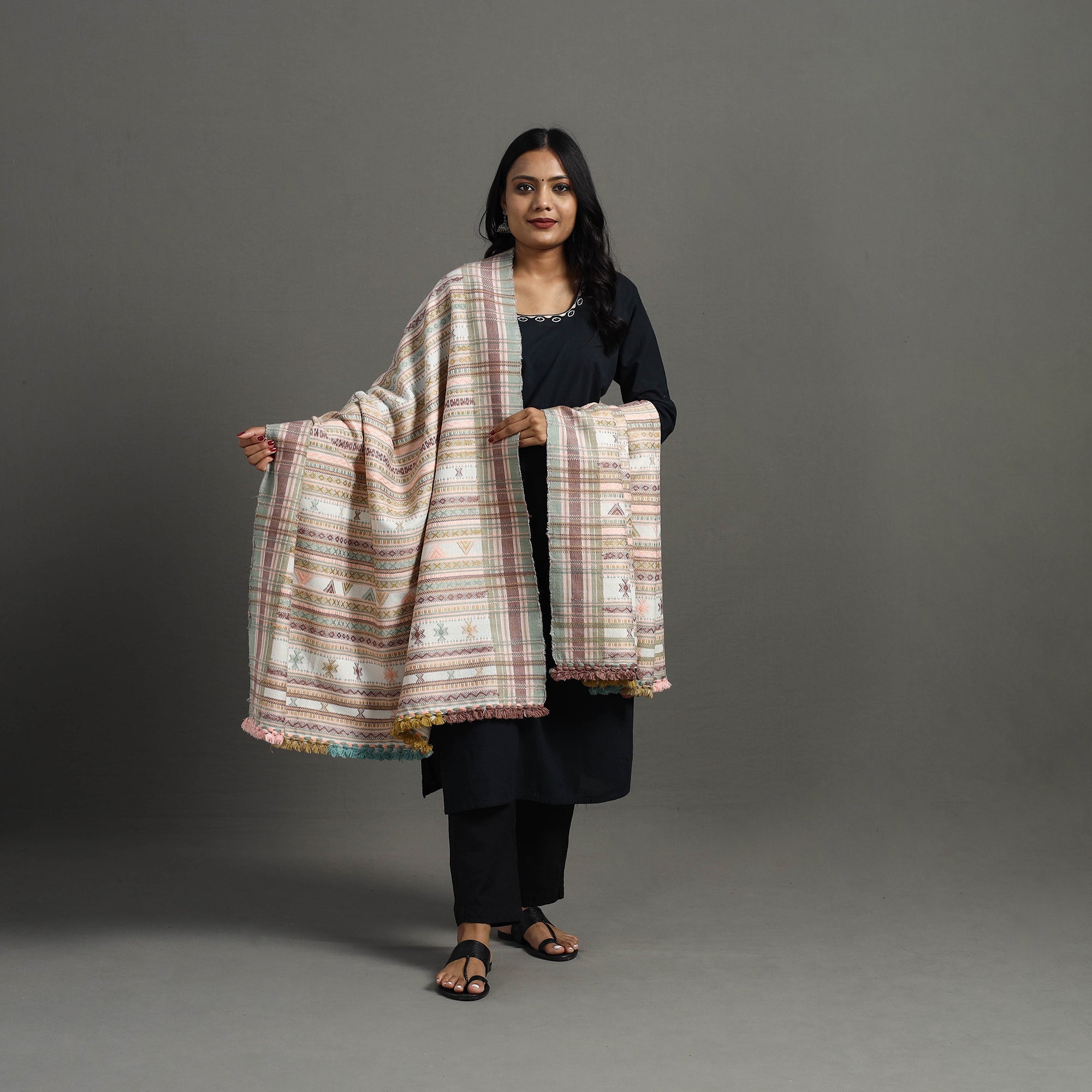 Multicolor Allover Kutch Hand Embroidery Woollen Shawl