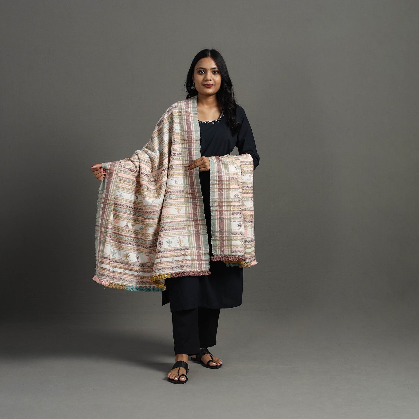 Multicolor Allover Kutch Hand Embroidery Woollen Shawl