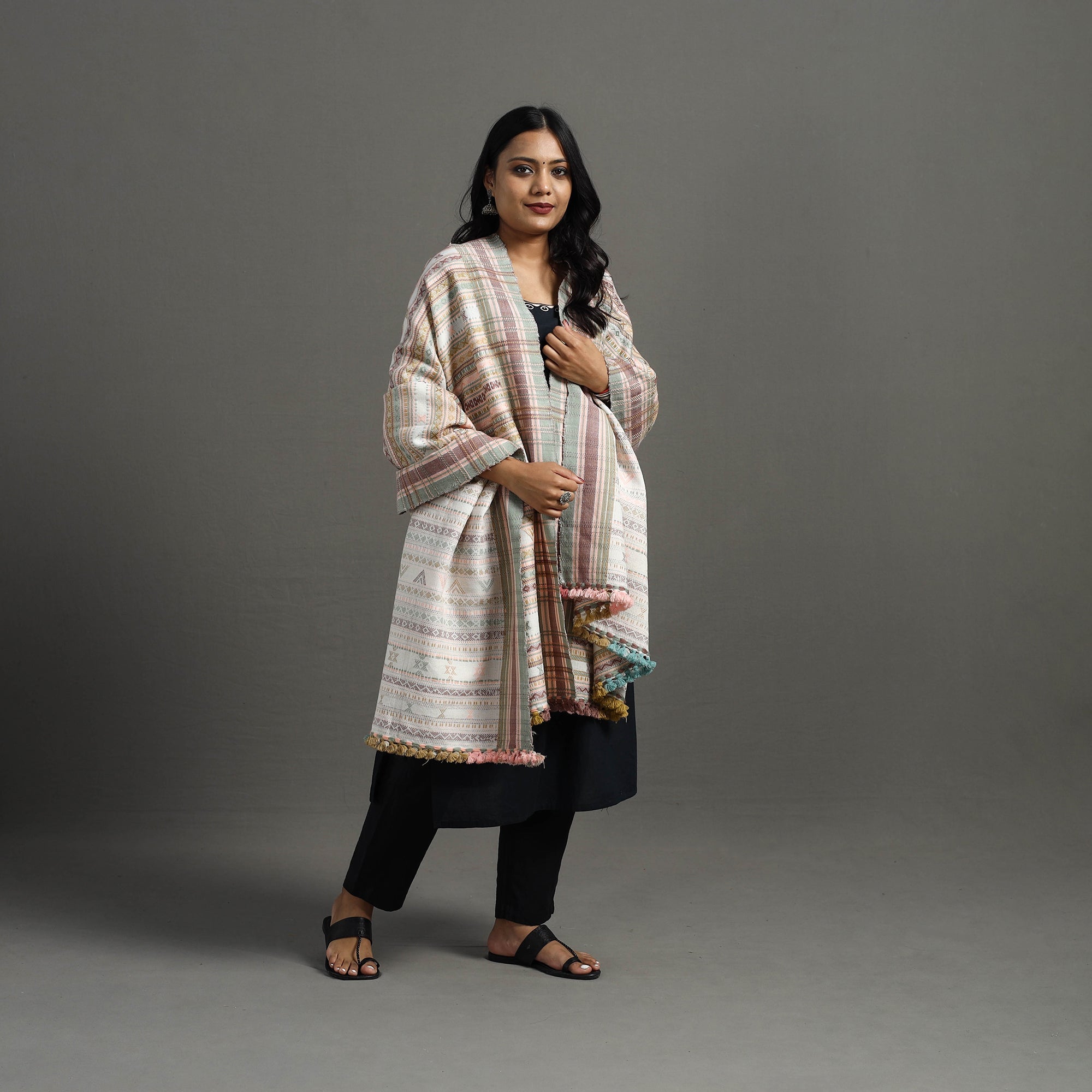 Multicolor Allover Kutch Hand Embroidery Woollen Shawl