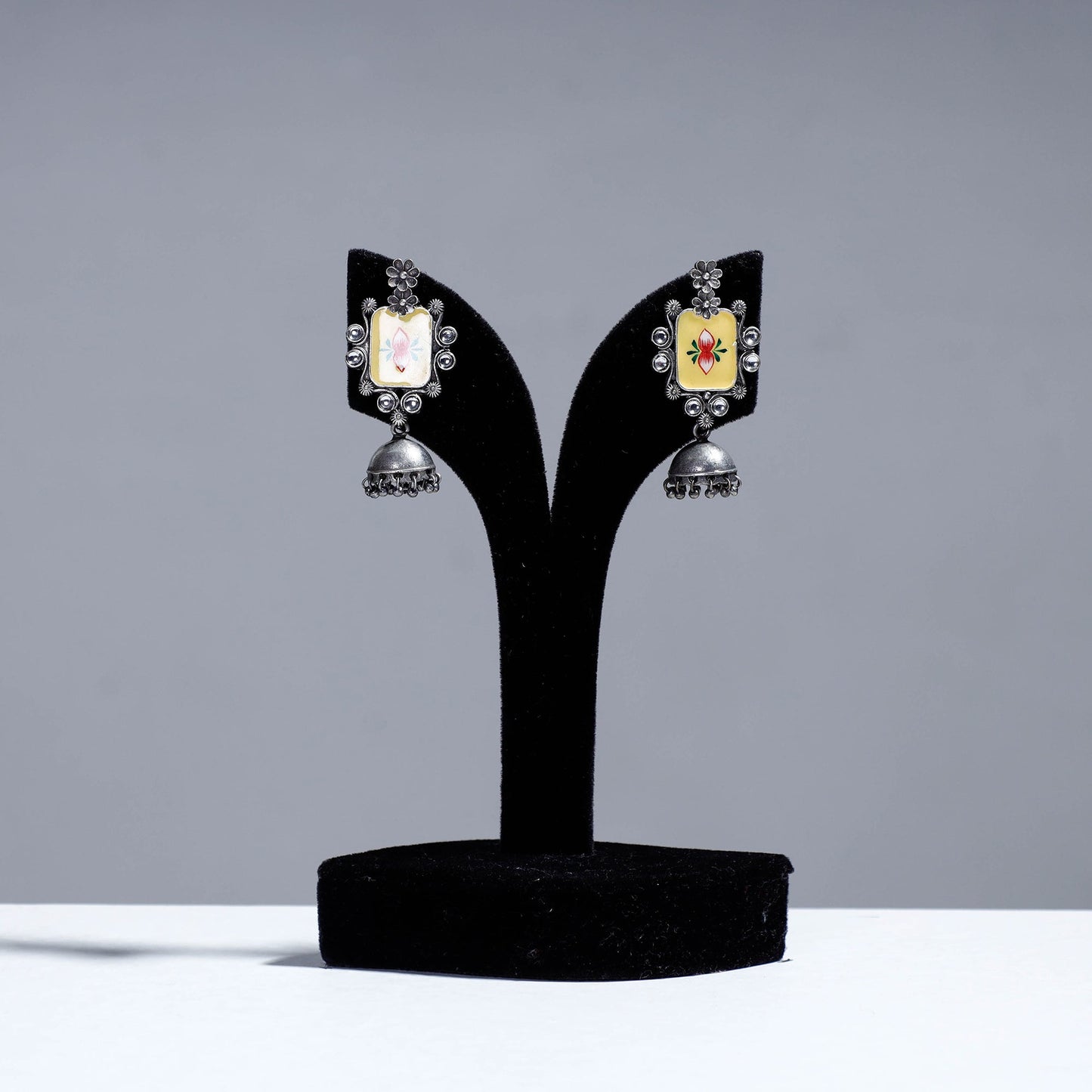 Buy Antique Silver Finish Oxidised Brass Base Enamel Work Jhumki Earrings Online l iTokri.com