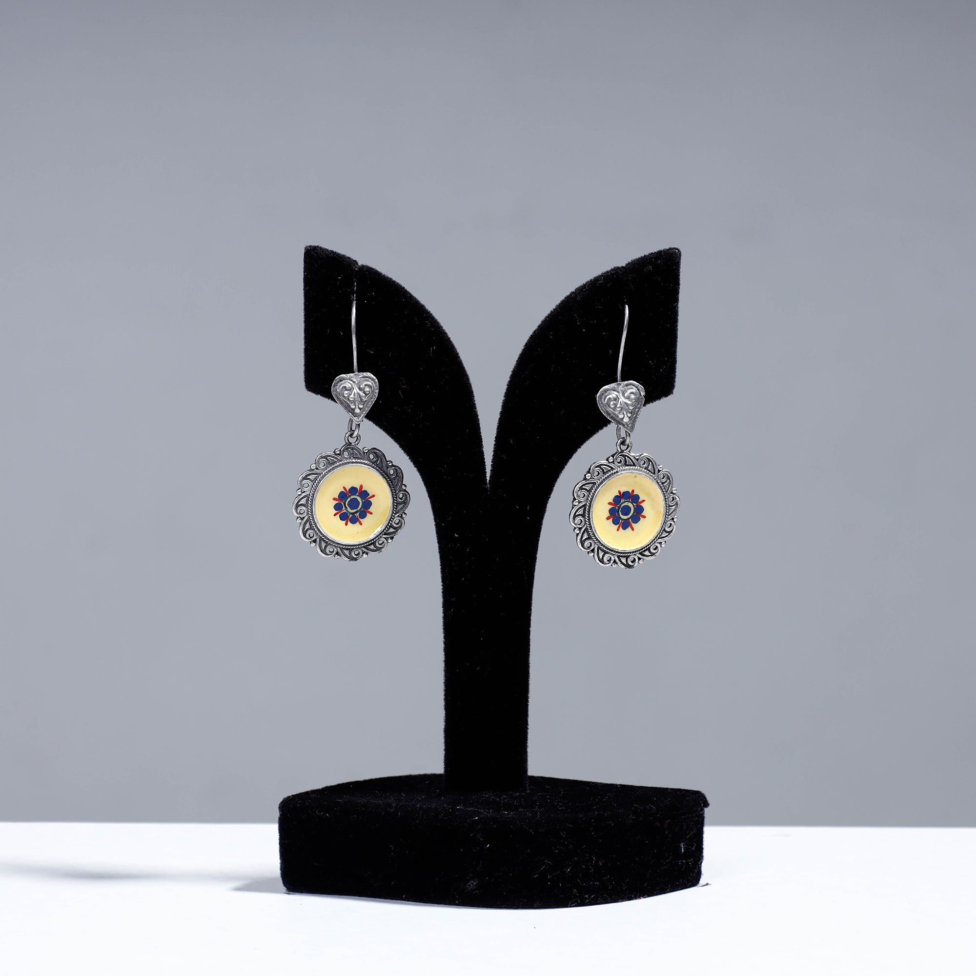 Antique Silver Finish Oxidised Brass Base Enamel & Stone Work Earrings 
