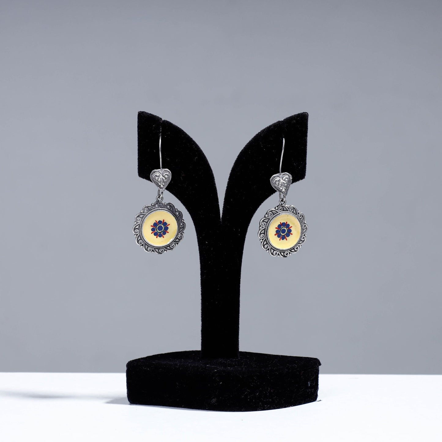  Antique Silver Finish Oxidised Brass Base Enamel & Stone Work Earrings 