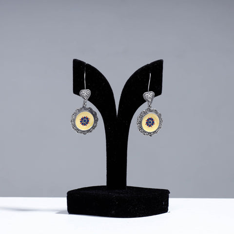  Antique Silver Finish Oxidised Brass Base Enamel & Stone Work Earrings 
