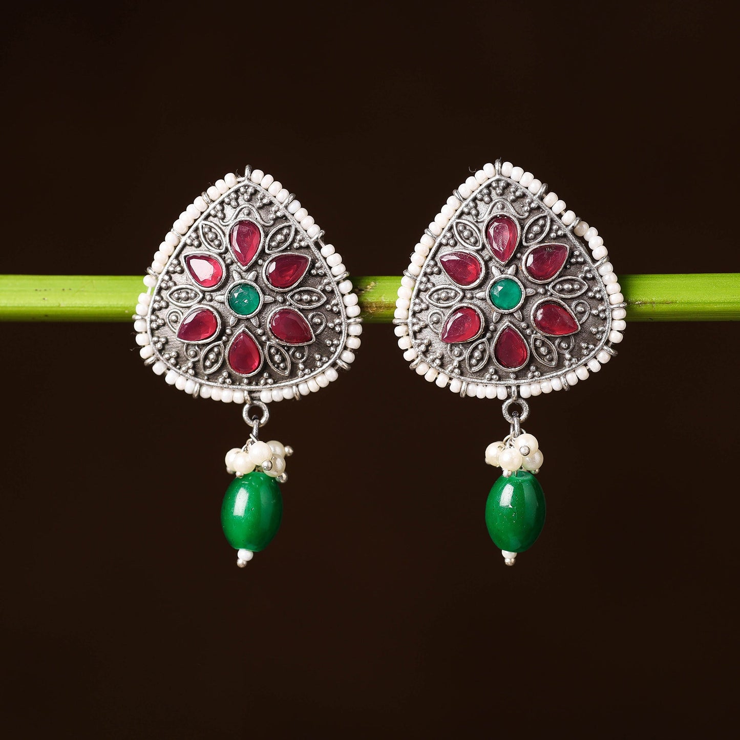  Antique Silver Finish Oxidised Brass Base Stone & Bead Work Earrings 