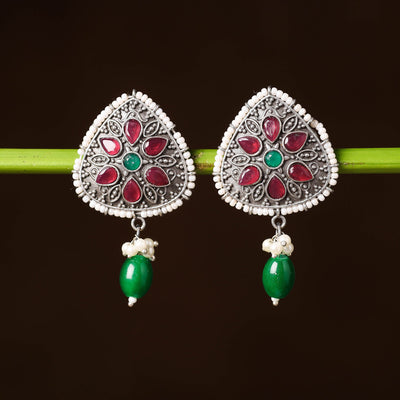  Antique Silver Finish Oxidised Brass Base Stone & Bead Work Earrings 