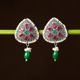  Antique Silver Finish Oxidised Brass Base Stone & Bead Work Earrings 