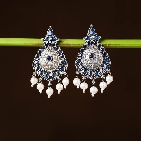 Antique Silver Finish Oxidised Brass Base Stone & Bead Work Earrings