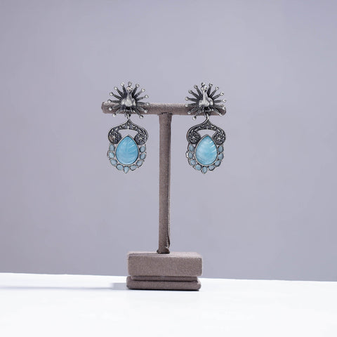  Antique Silver Finish Oxidized Special Brass Base Stone Work Earrings Set 