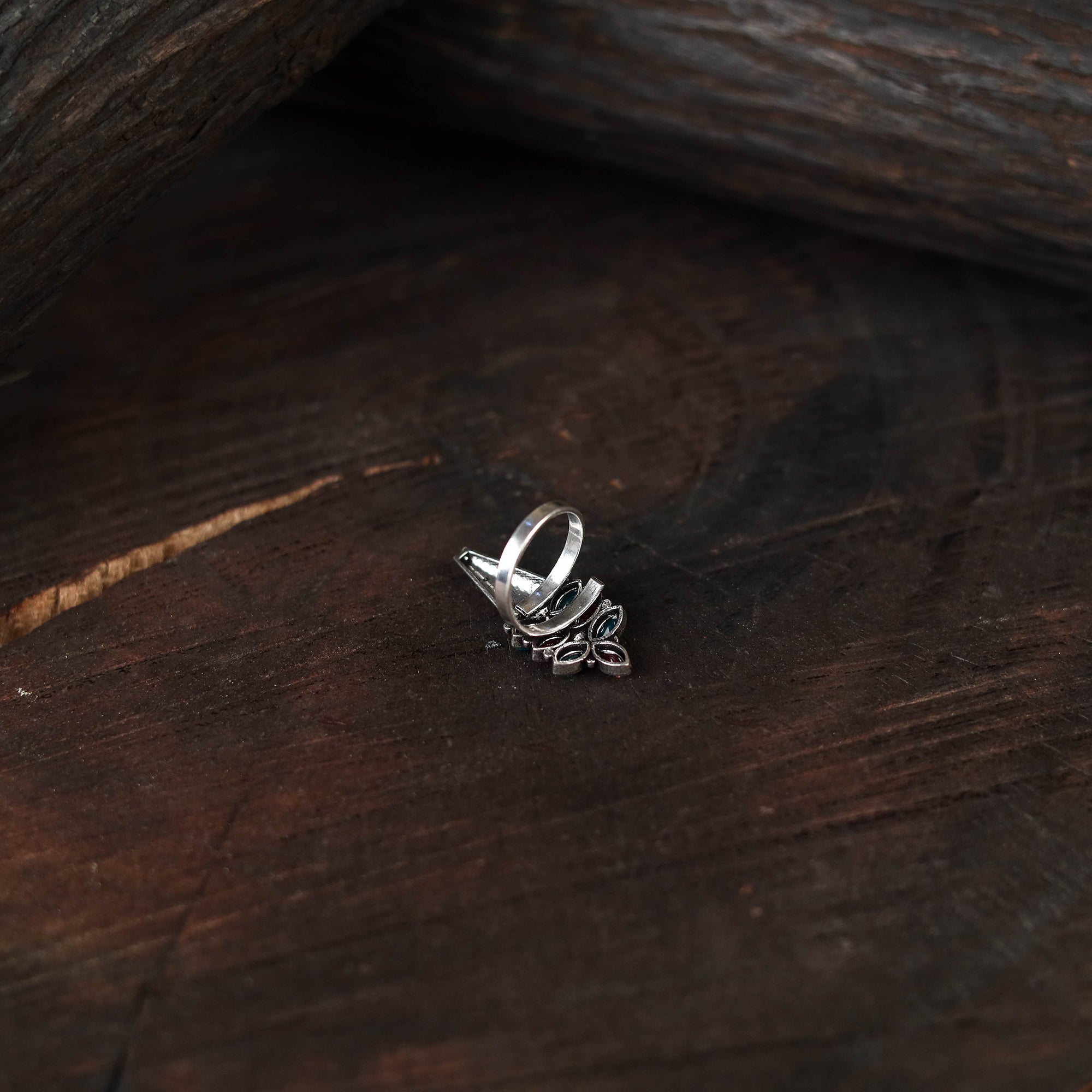 Multicolor - antique silver finish oxidised stone work ring