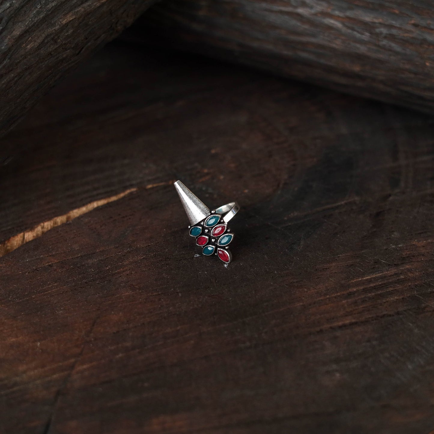 Multicolor - antique silver finish oxidised stone work ring