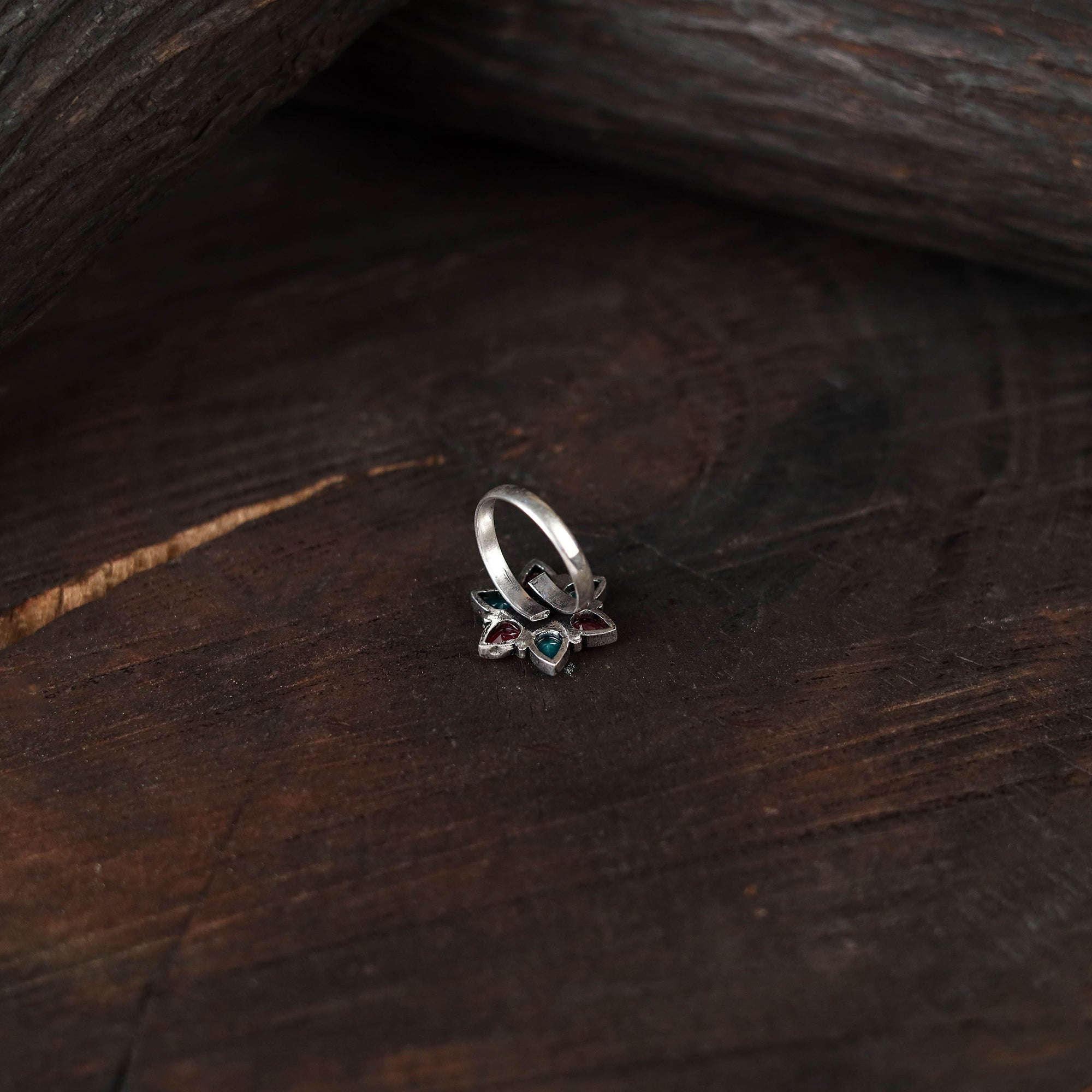 Multicolor - antique silver finish oxidised stone work ring