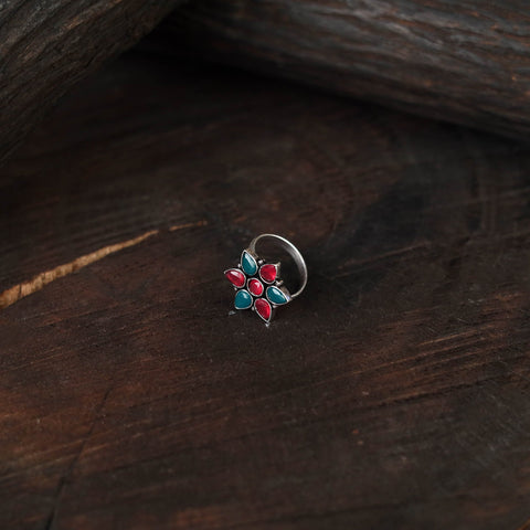 Multicolor - antique silver finish oxidised stone work ring