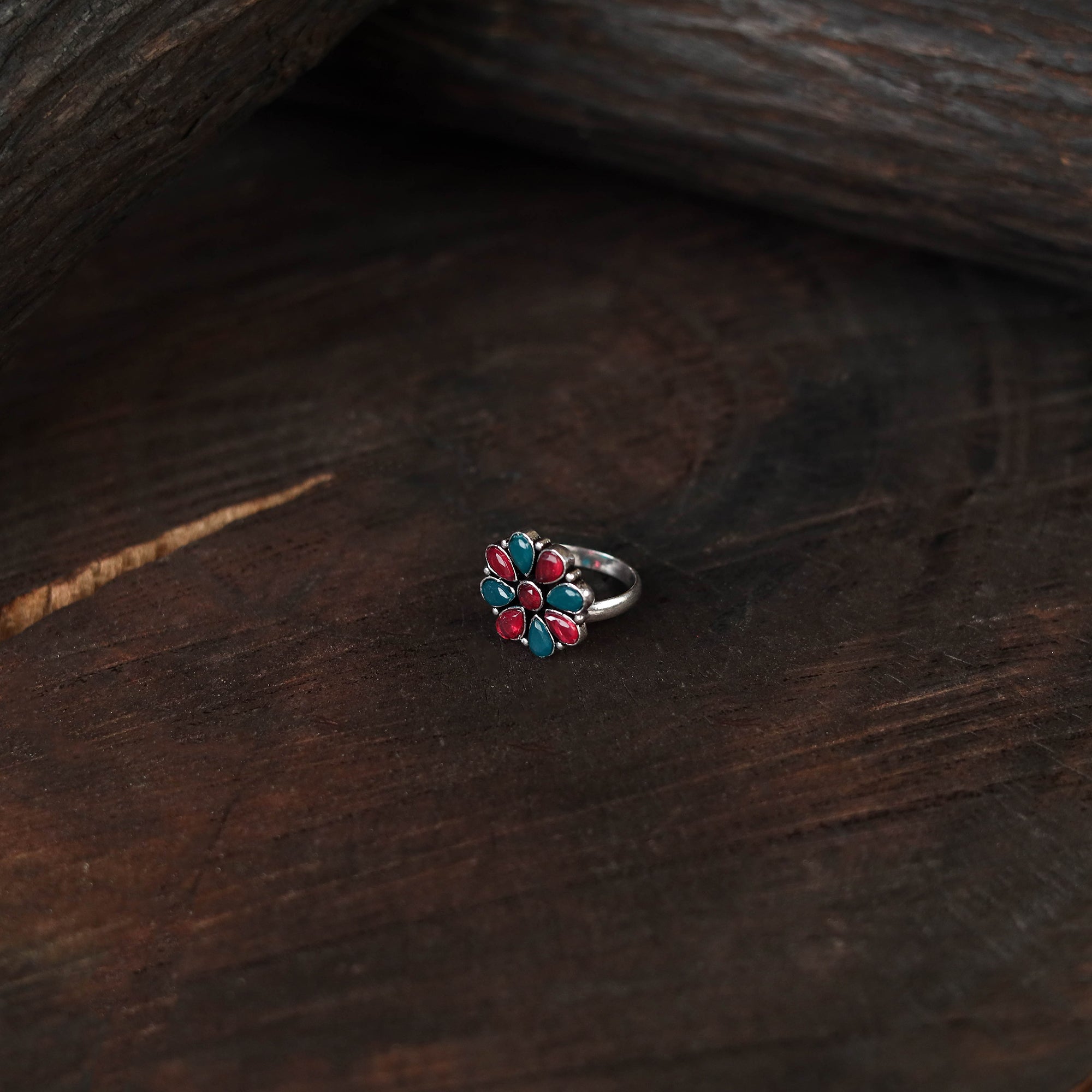 Multicolor - antique silver finish oxidised stone work ring