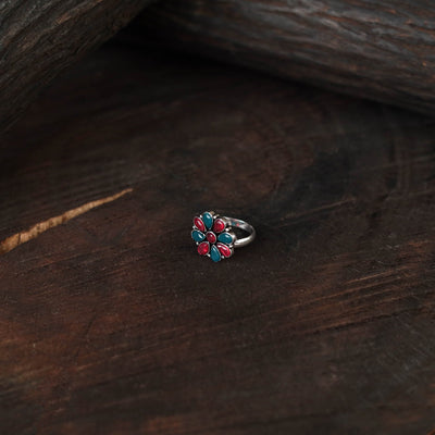 Multicolor - antique silver finish oxidised stone work ring