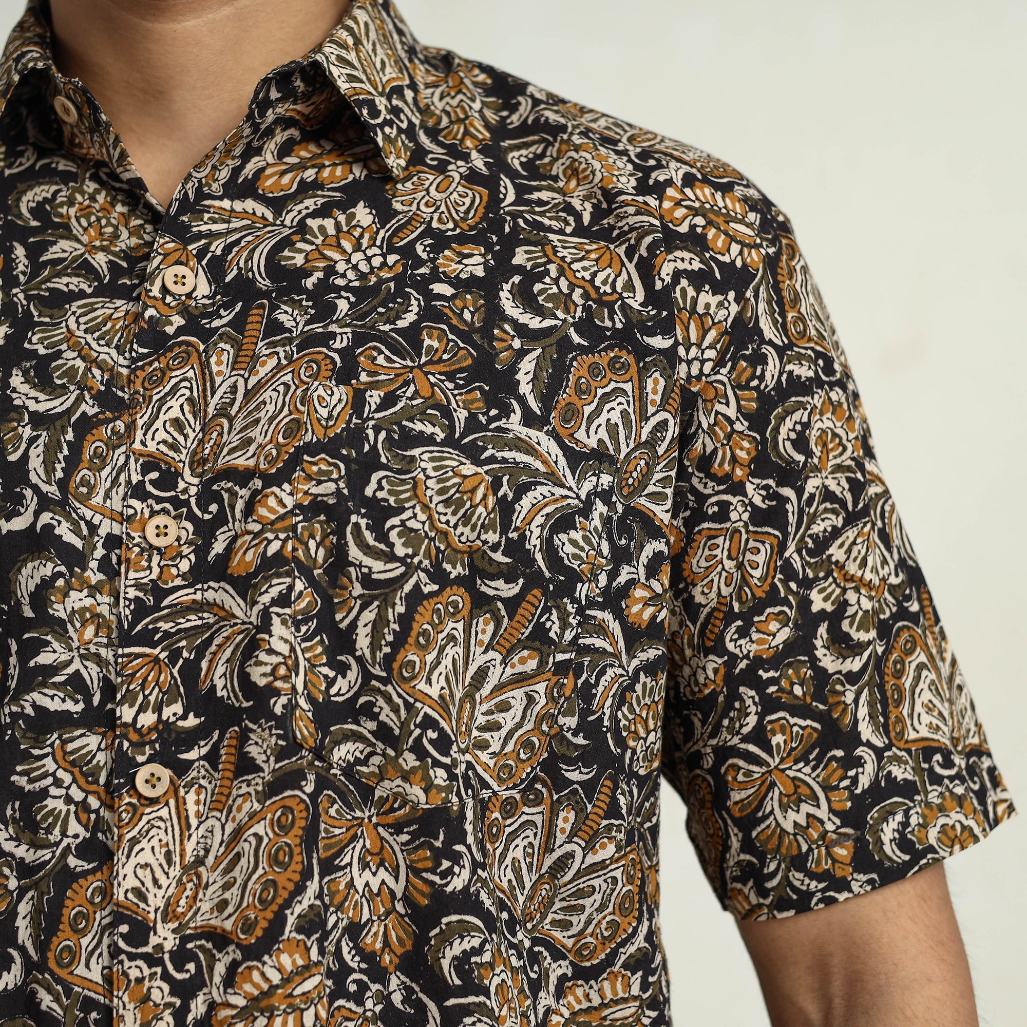 Multicolor Bagru Block Printed Cotton Men Half Sleeve Shirt