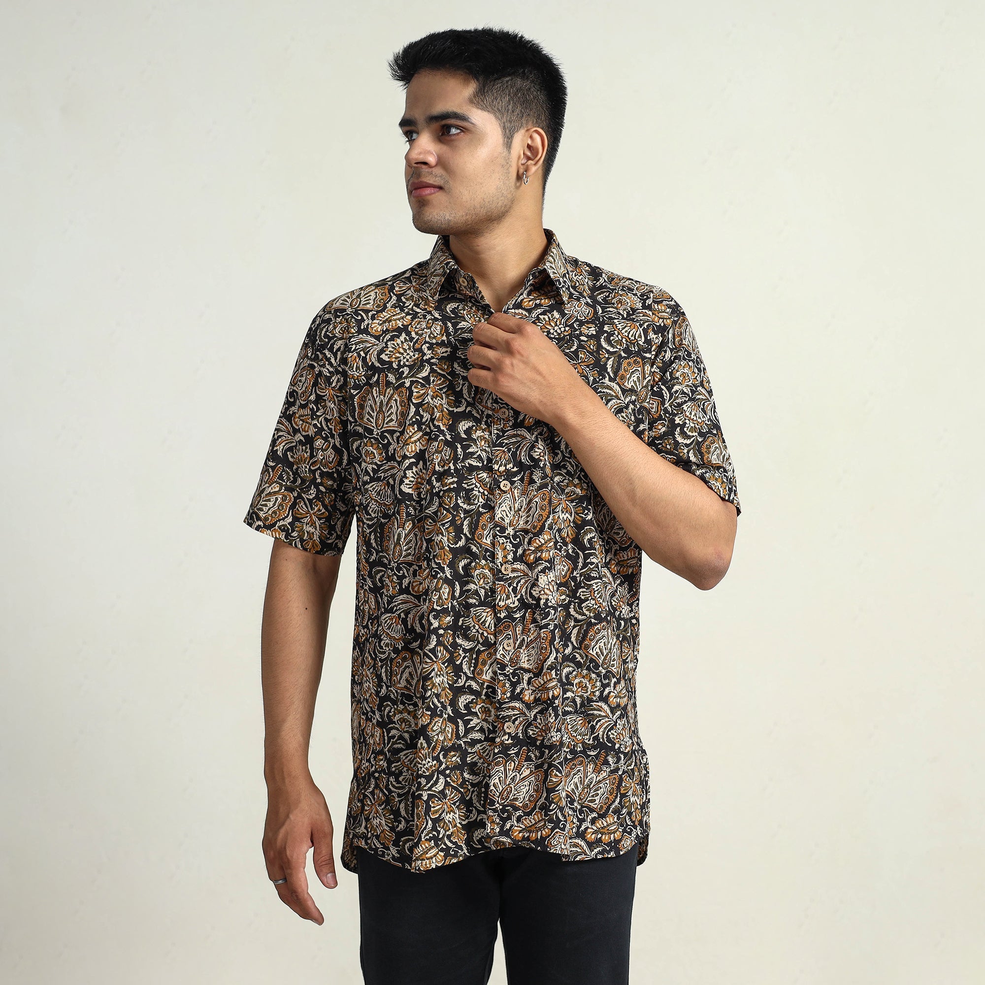 Multicolor Bagru Block Printed Cotton Men Half Sleeve Shirt