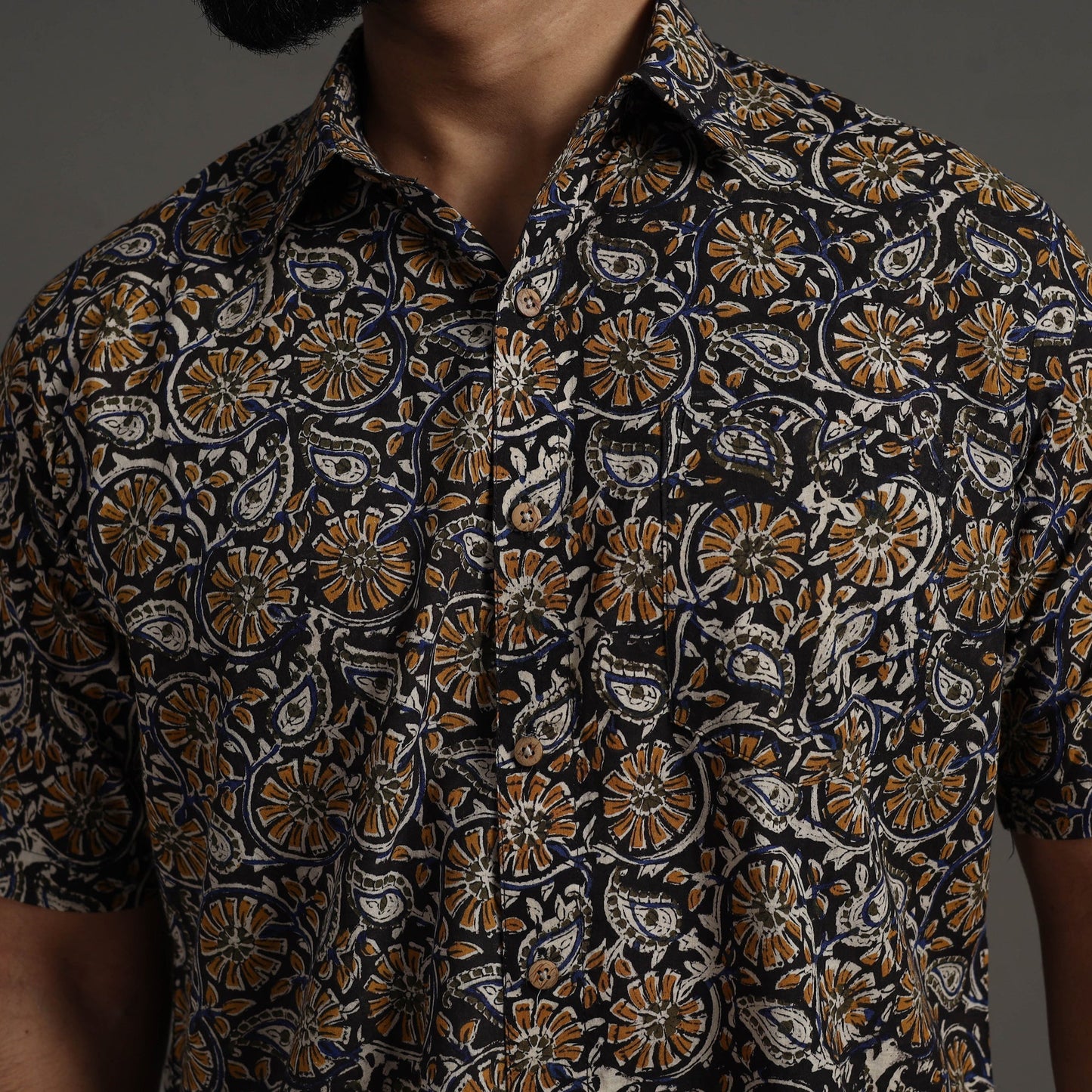 Multicolor Bagru Block Printed Cotton Men Half Sleeve Shirt