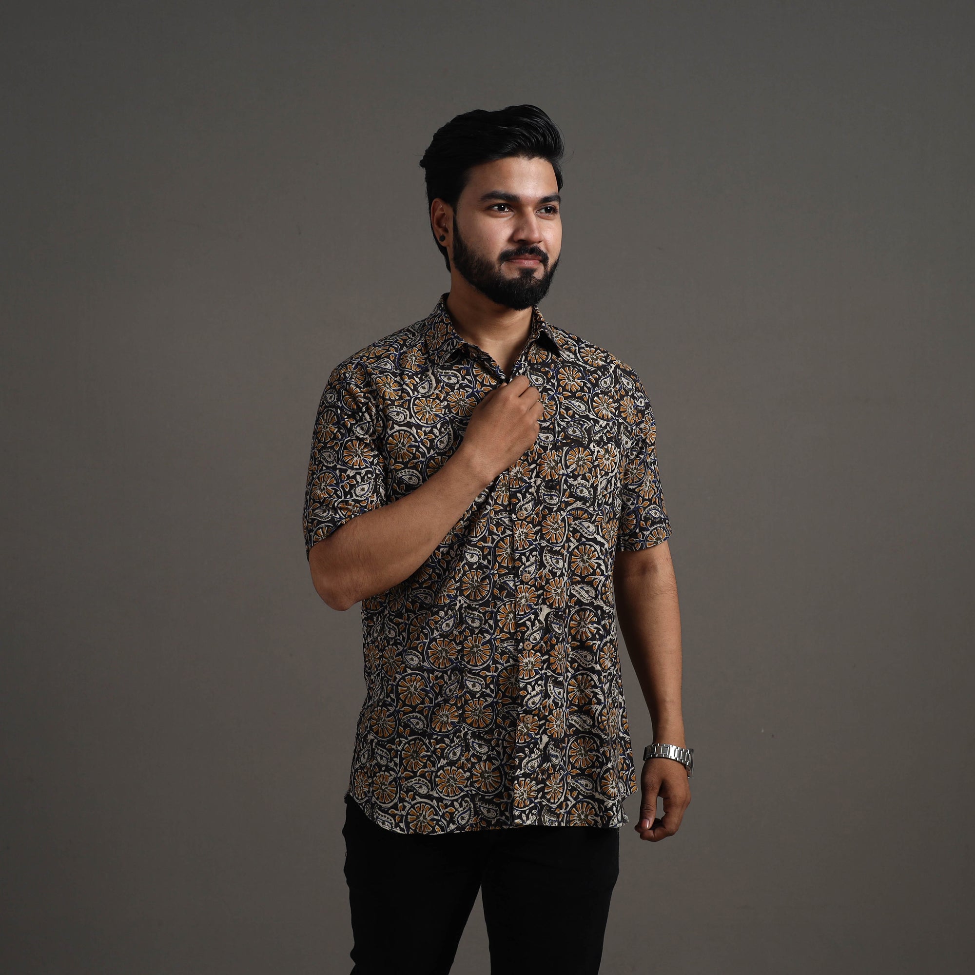 Multicolor Bagru Block Printed Cotton Men Half Sleeve Shirt