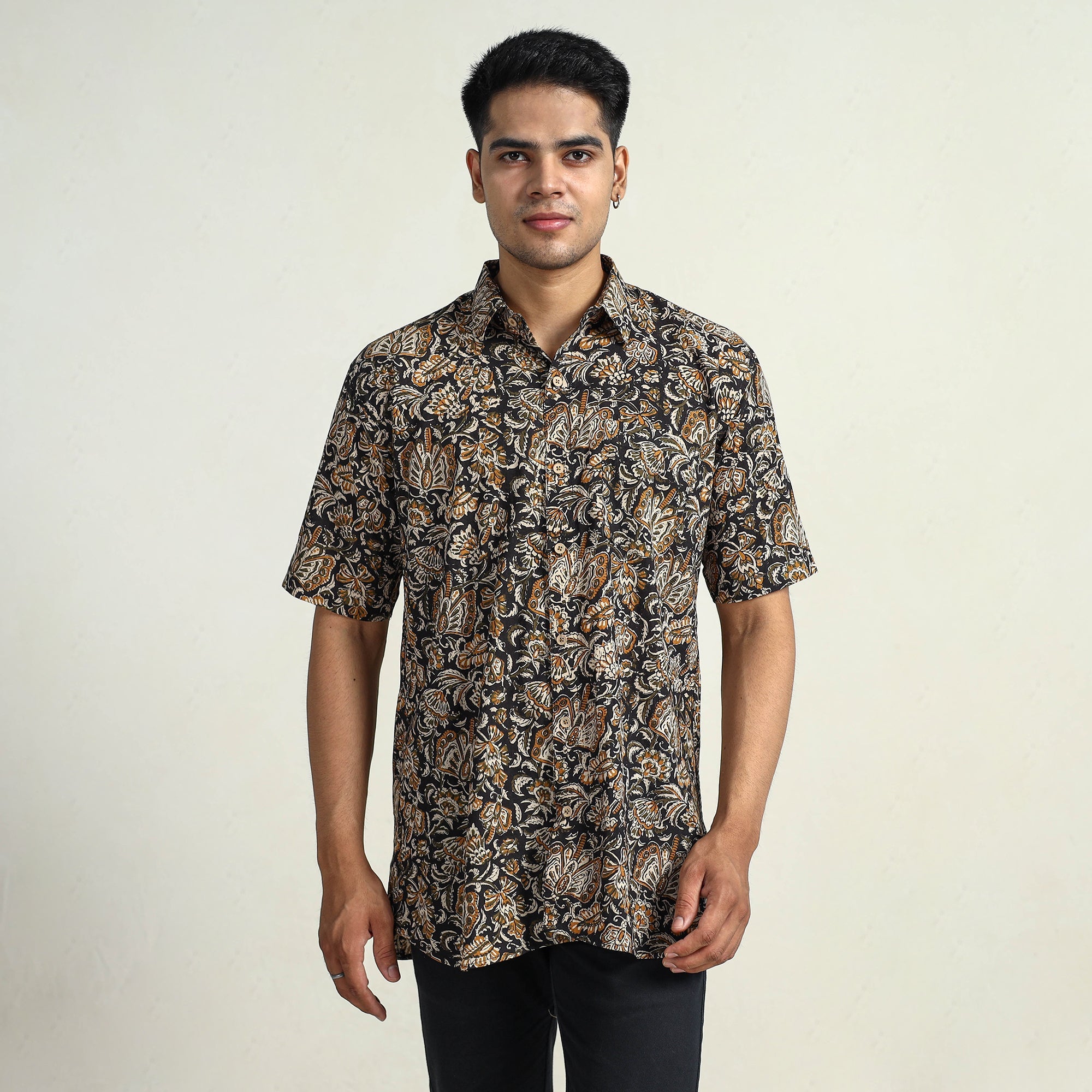 Multicolor Bagru Block Printed Cotton Men Half Sleeve Shirt