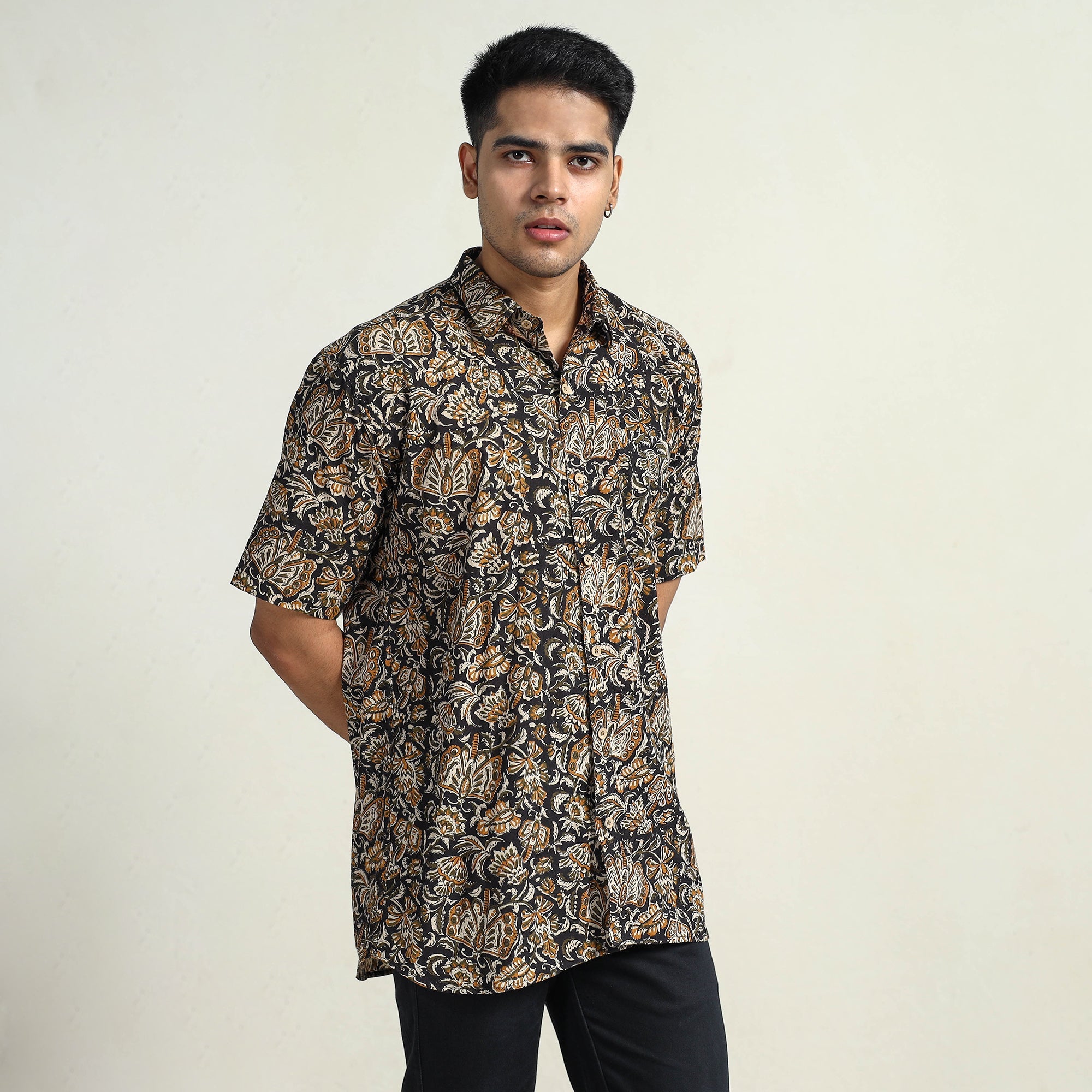 Multicolor Bagru Block Printed Cotton Men Half Sleeve Shirt