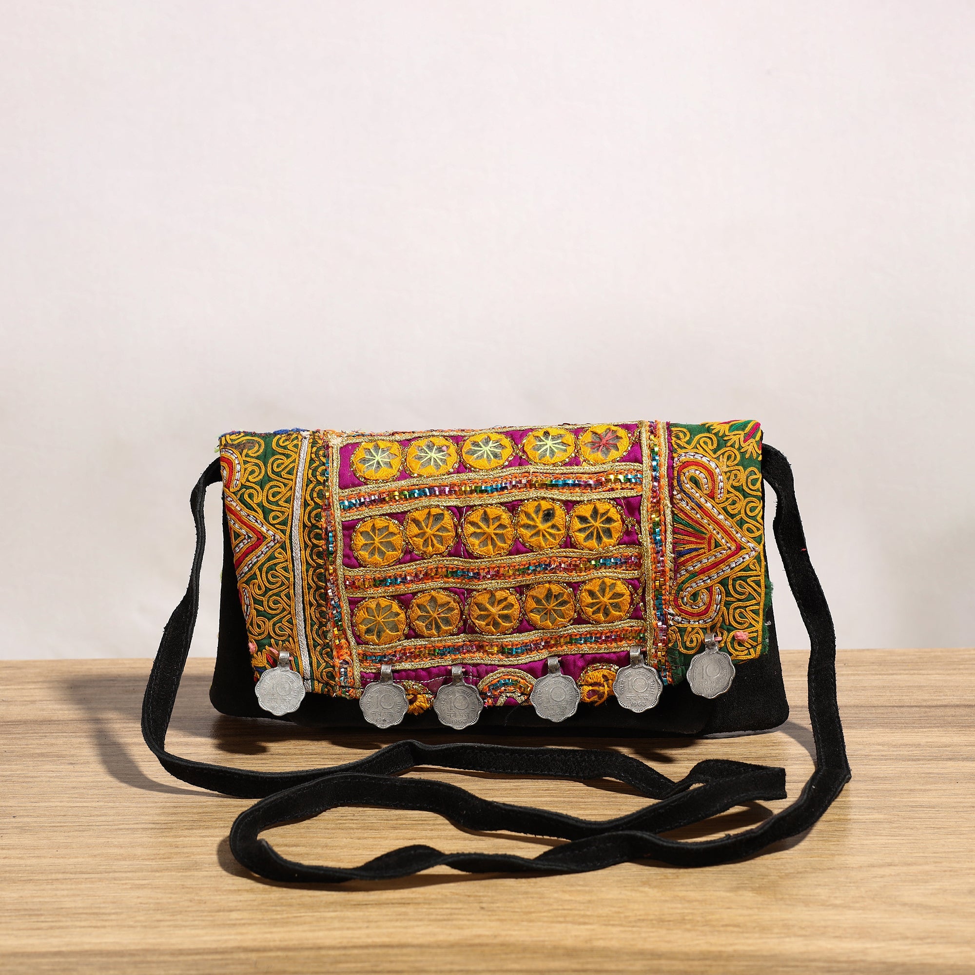 Buy Banjara Vintage Embroidery Mirror & Coin Work Sling Bag 04 Online l iTokri.com 