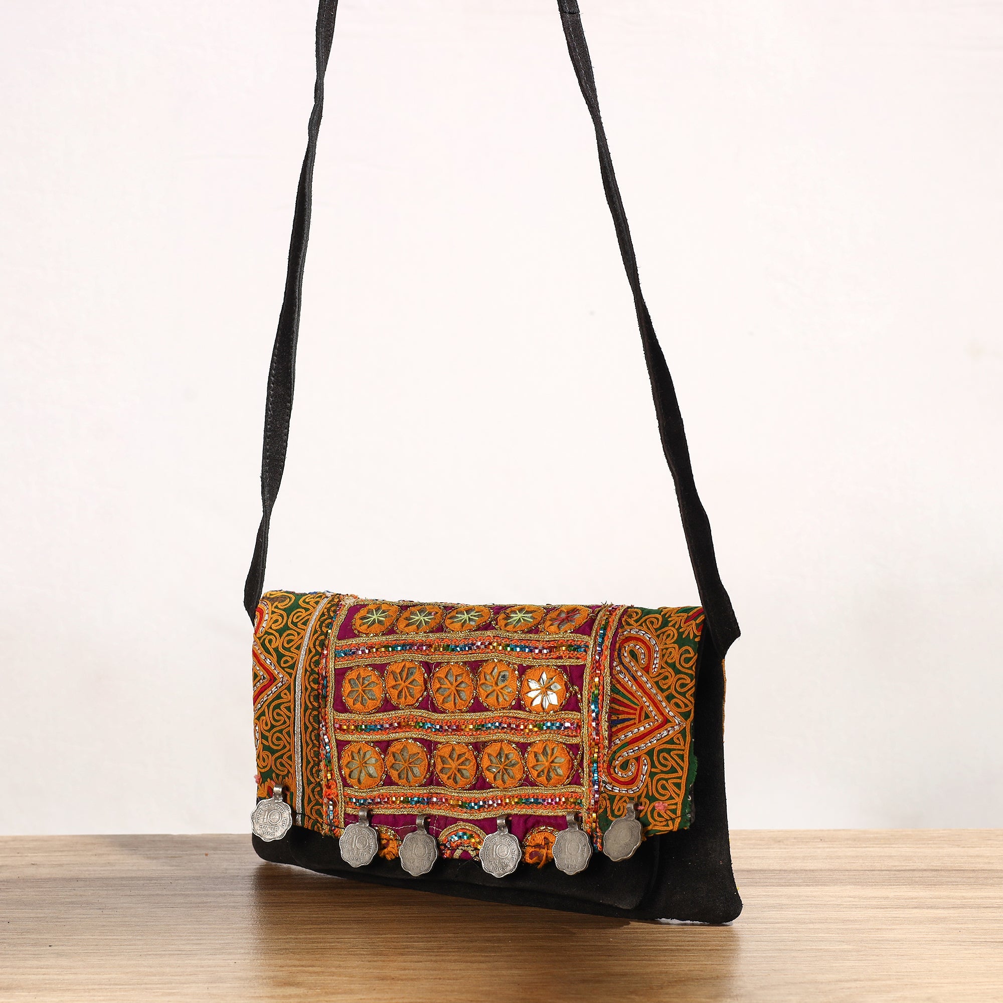 Buy Banjara Vintage Embroidery Mirror & Coin Work Sling Bag 04 Online l iTokri.com 