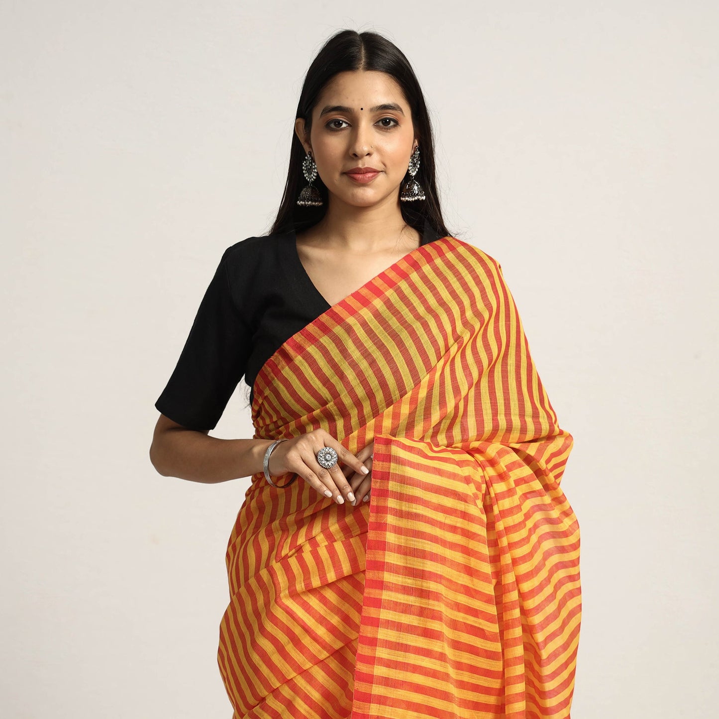  Yellow Base Silk Cotton Saree with Red Buti on Pallu & Red Stripes on Body Online l iTokri.com 