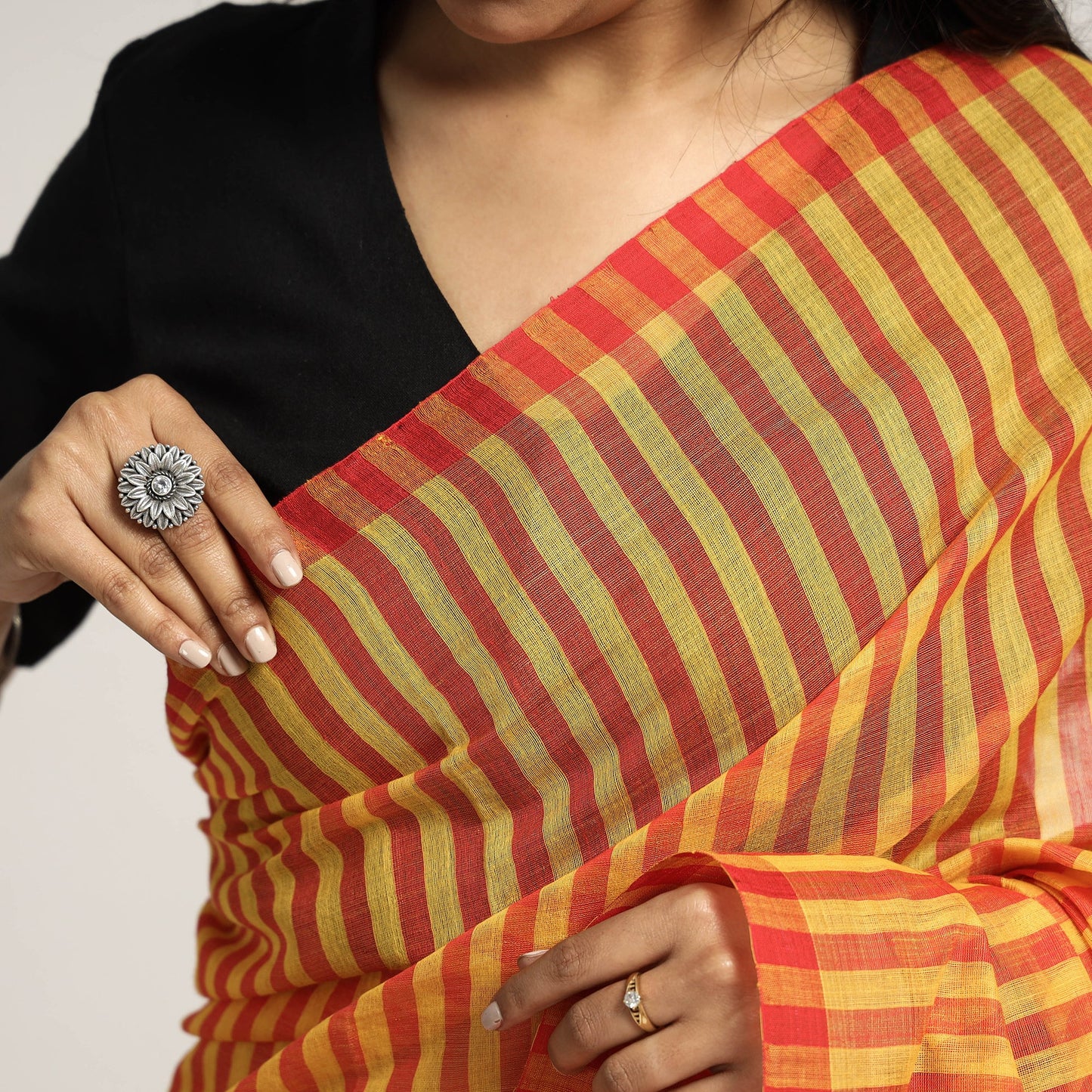  Yellow Base Silk Cotton Saree with Red Buti on Pallu & Red Stripes on Body Online l iTokri.com 
