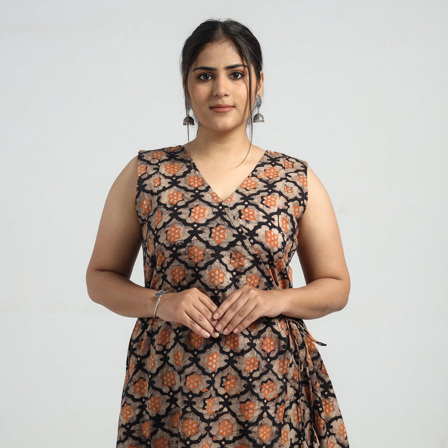 Buy Batik Printed Cotton Angrakha Sleeveless Flared Dress Online at iTokri.com